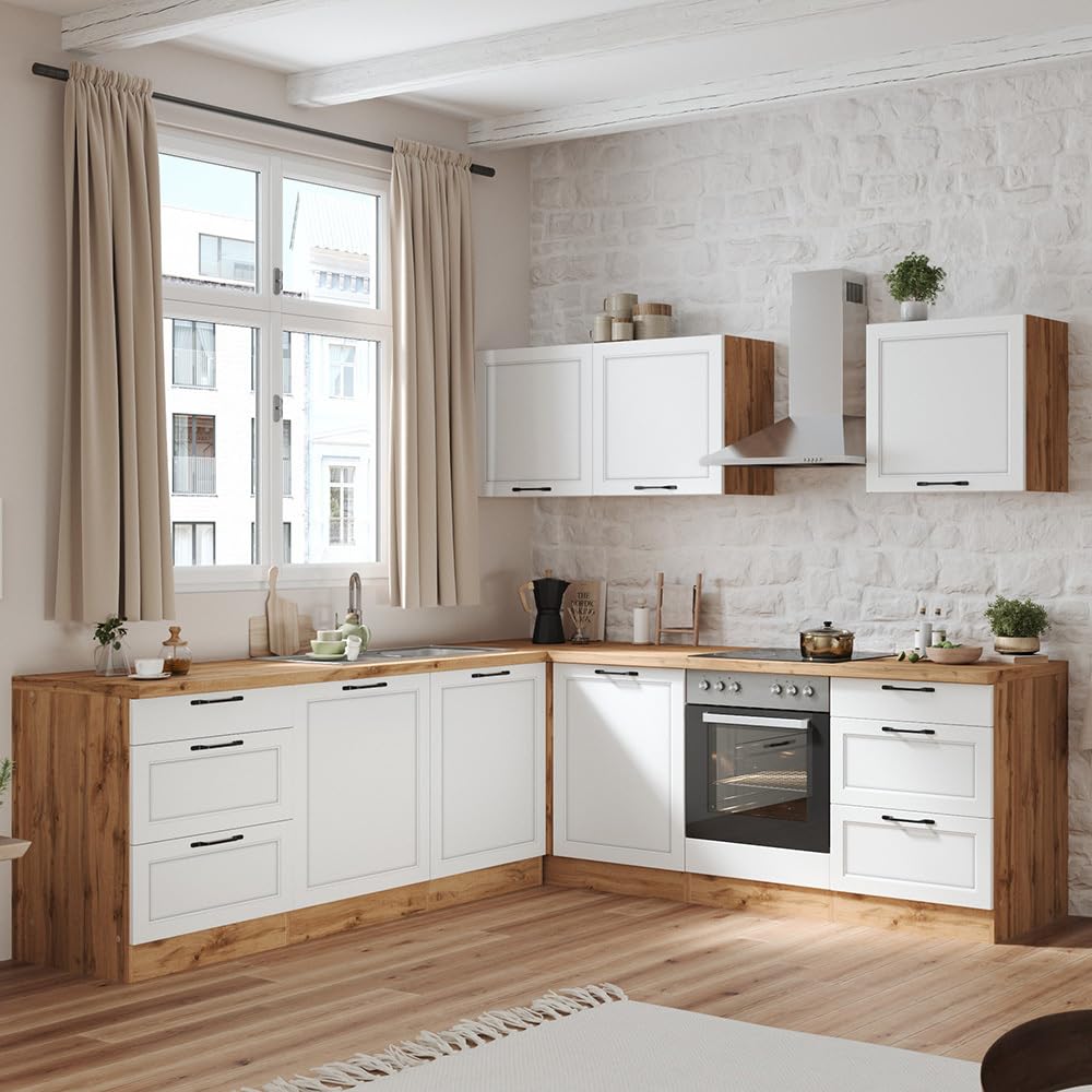 Lomadox Winkelküche Küche Einbauküche Küchenzeile L-Form 240/240 cm mit E-Geräten in weiß und Eiche, Arbeitsplatte in Eiche, inkl. Dunstabzugshaube, Herd, Backofen, Geschirrspüler Küche, Haushalt & Wohnen