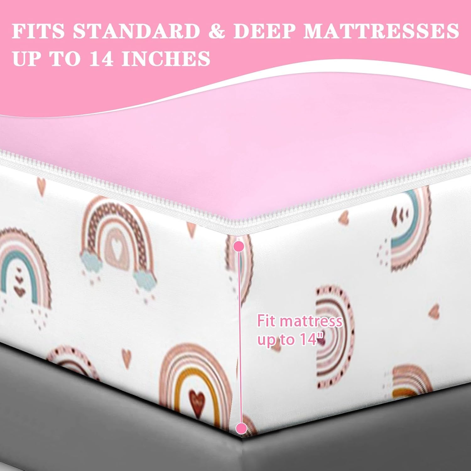 Nesker Zipper Bedding Twin Rainbow Heart Zip Up Bedding Set for Girls and Kids, Pink Boho 3 Pcs Comforter Bed in a Bag with Fitted Sheet and 2 Pcs Pillowcases