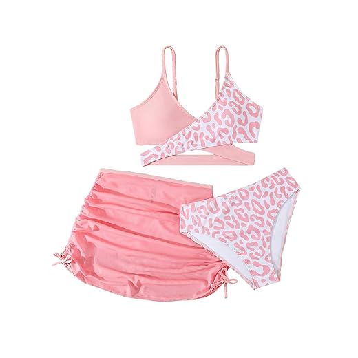WDIRARA Conjunto de biquíni feminino leopardo de 3 peças, tanga cruzada com saia de saída