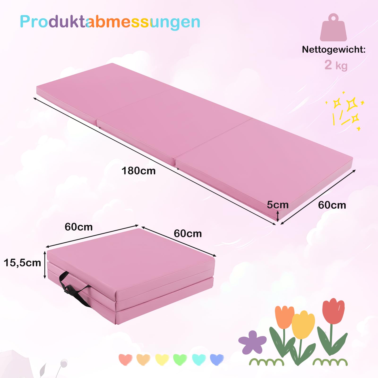 GOPLUS Weichbodenmatte, 180 x 60 x 5 cm Turnmatte rutschfest mit Klettverschlüssen & Tragegriffen, Gymnastikmatte klappbar aus Kunstleder, Turnmatte zum Trainieren von Gymnastik & Yoga