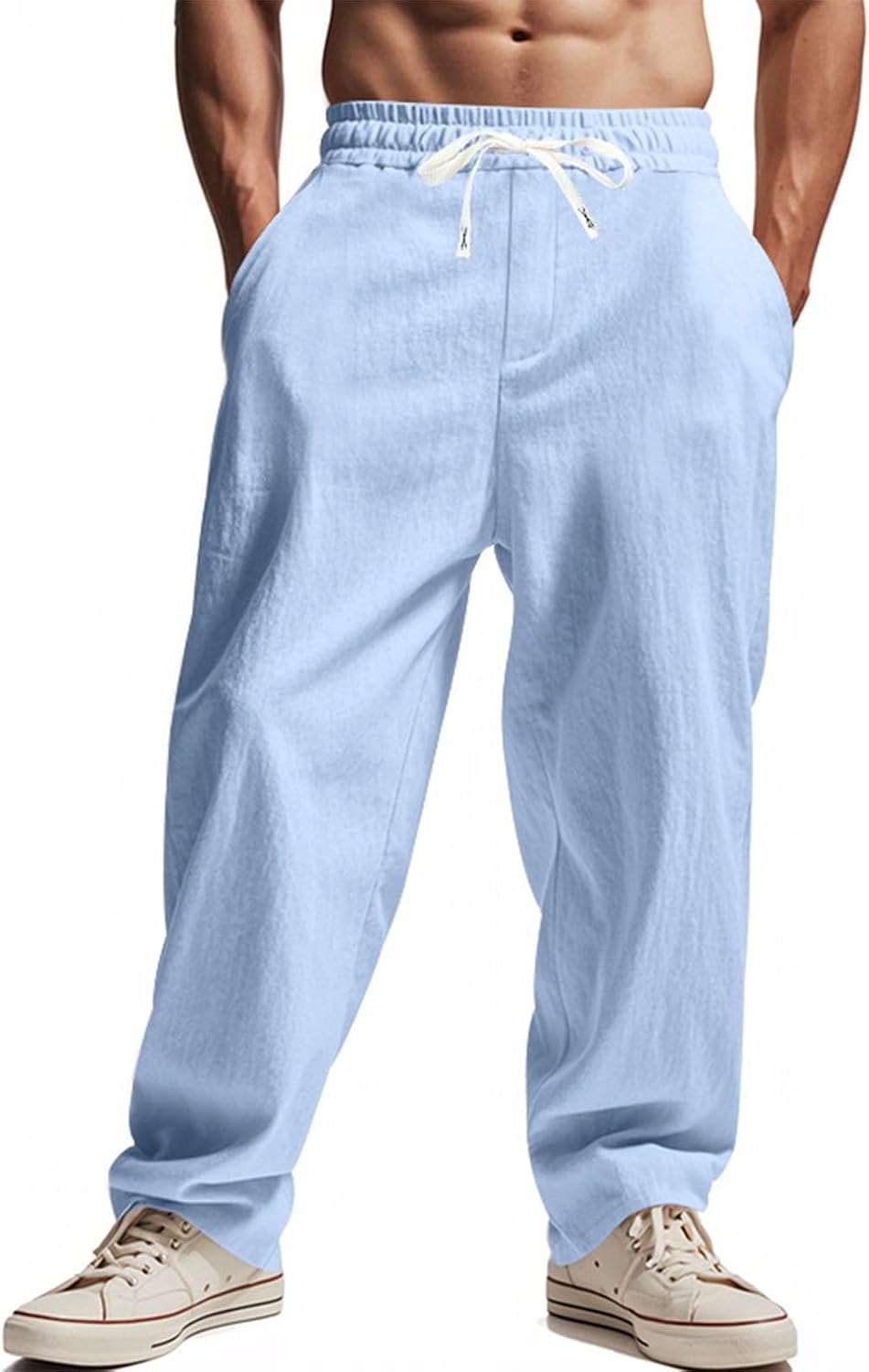 Linen Pants Men Wide Straight Leg Casual Loose Fit Baggy Elastic Waist Drawstring Summer Lightweight Vacation Pants