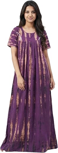 Kavz Cotton Frill Nighty, Tie-Dye Print Maxi Nightgown, Short Sleeve Round Neck Sleepwear