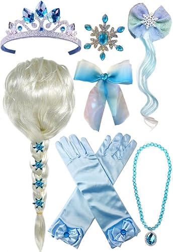Peluca de princesa trenzada con collar de tiara, guantes, disfraz de princesa, accesorios de cosplay para niños y niñas