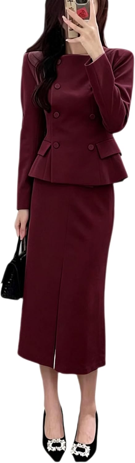 Women's Suit Double Breasted Jacket and Skirt Two Pieces Set for Wedding Formal
