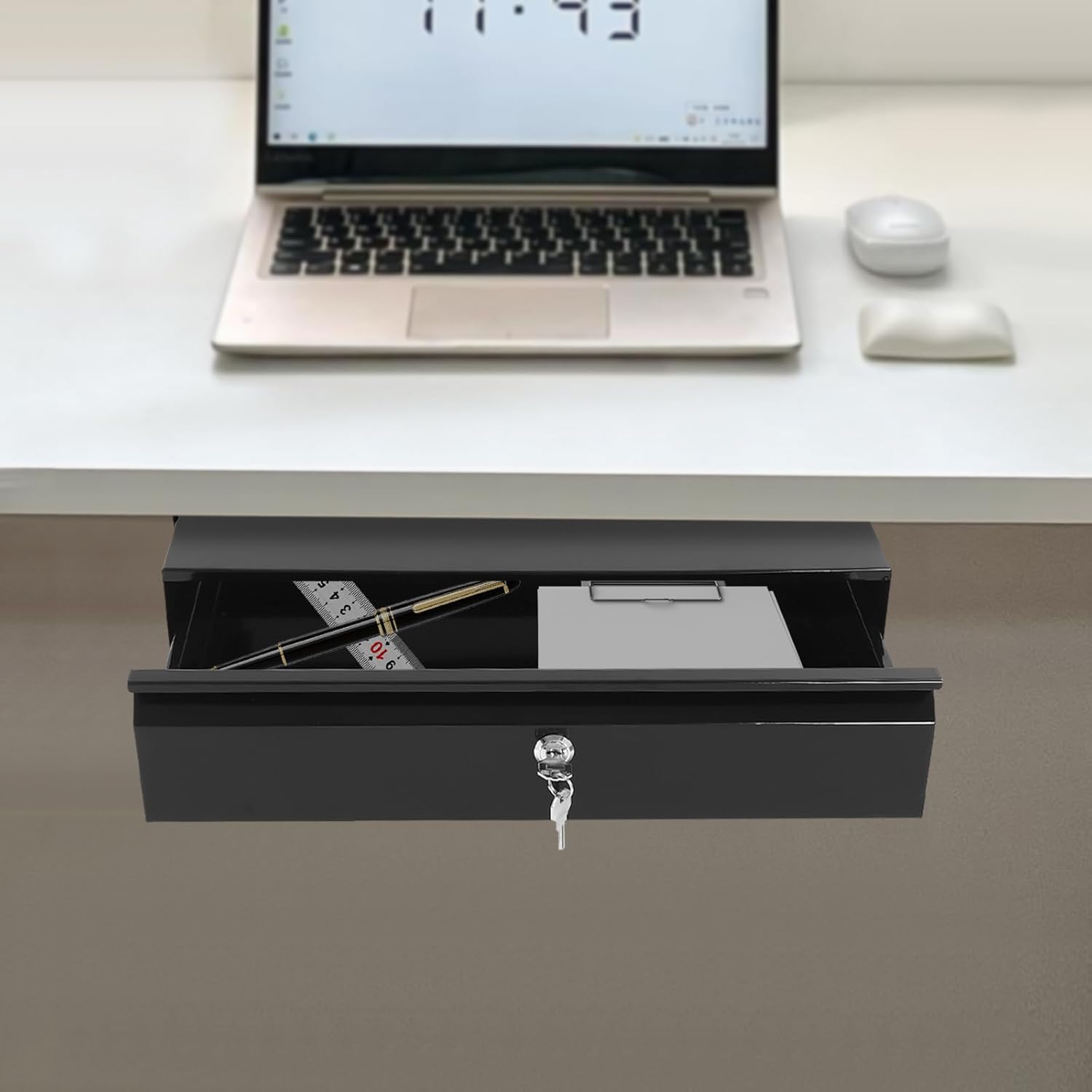 18 Inch Under Desk Sliding Pull-out Black Lockable Drawer for Office Attachable Large Storage Organizer for Sit Stand Workstation