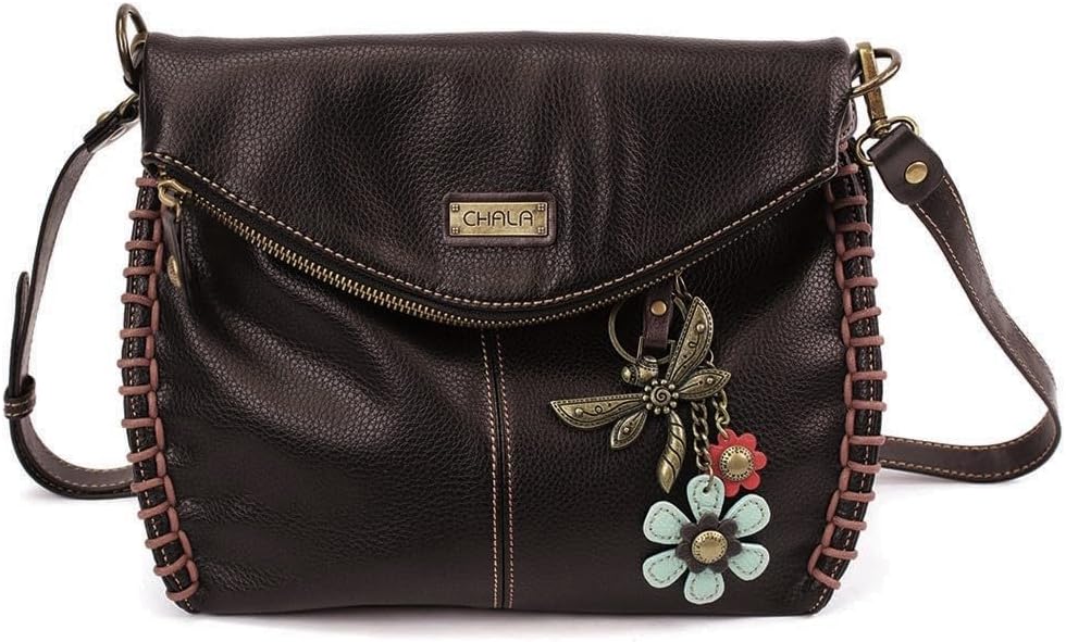 Chala Charming Crossbody Bag Shoulder Handbag With Flap Top and Zipper Dark Brown (Metal Dragonfly with Teal Flower)