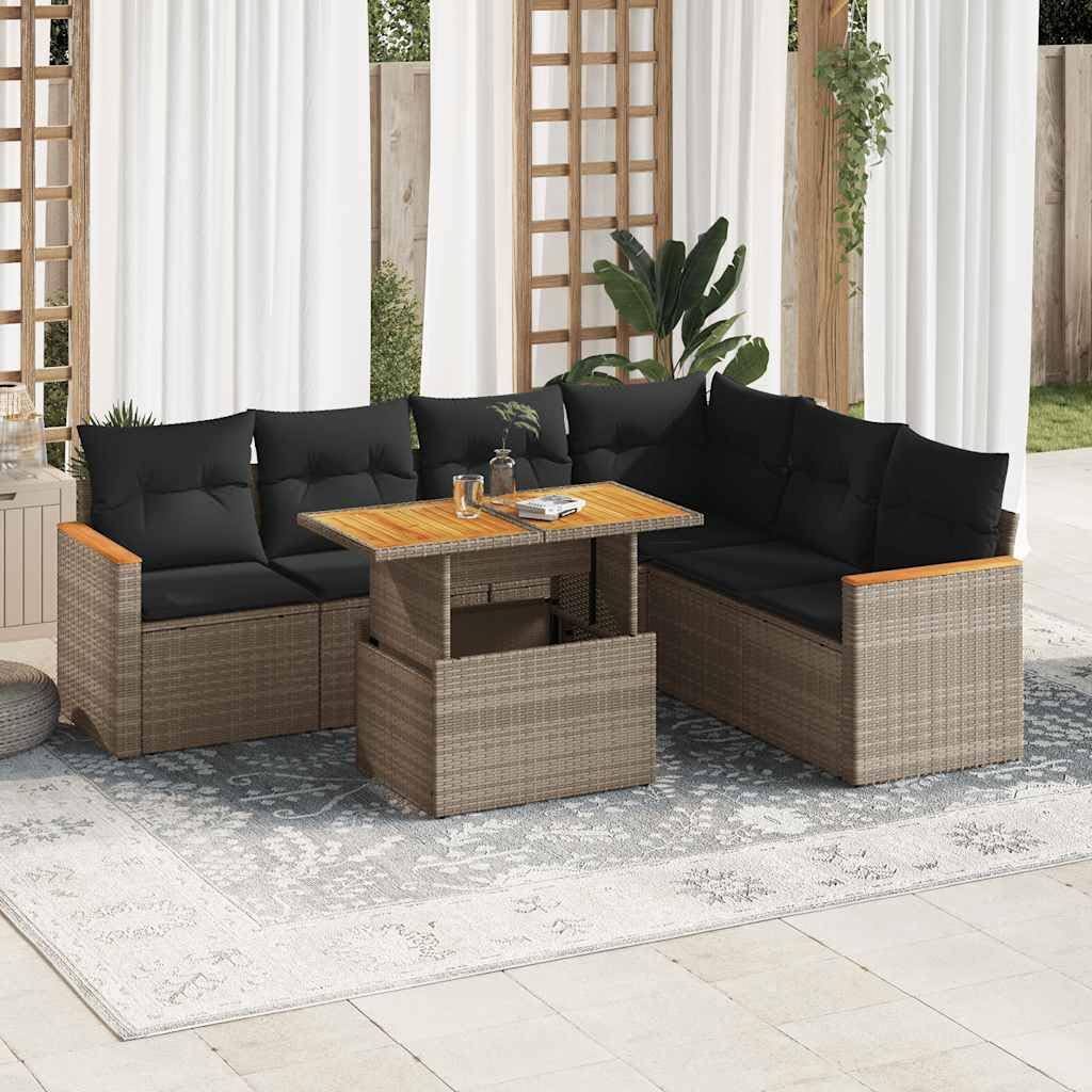 Salon de Jardin modulable 7 pcs Gris en résine tressée avec Coussins, Rangement intégré, Table Basse en Acacia, idéal terrasse, Balcon, Patio pour détente et Repas en Famille