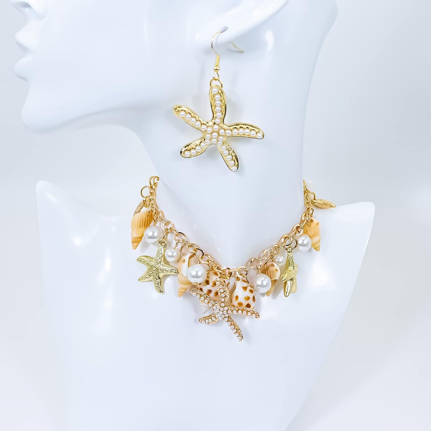 Halawly Shell Necklace Choker Mermaid Tail Necklace - Fashion Sea Shell Starfish Faux Pearl Collar Bib Statement Chunky Necklace Pendant - Image 4