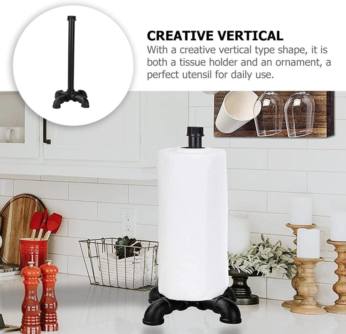 Toddmomy Retro Industrial Iron Upright Roll Paper Stand Vintage Tissue Holder for Bathroom Kitchen Desktop Use Black