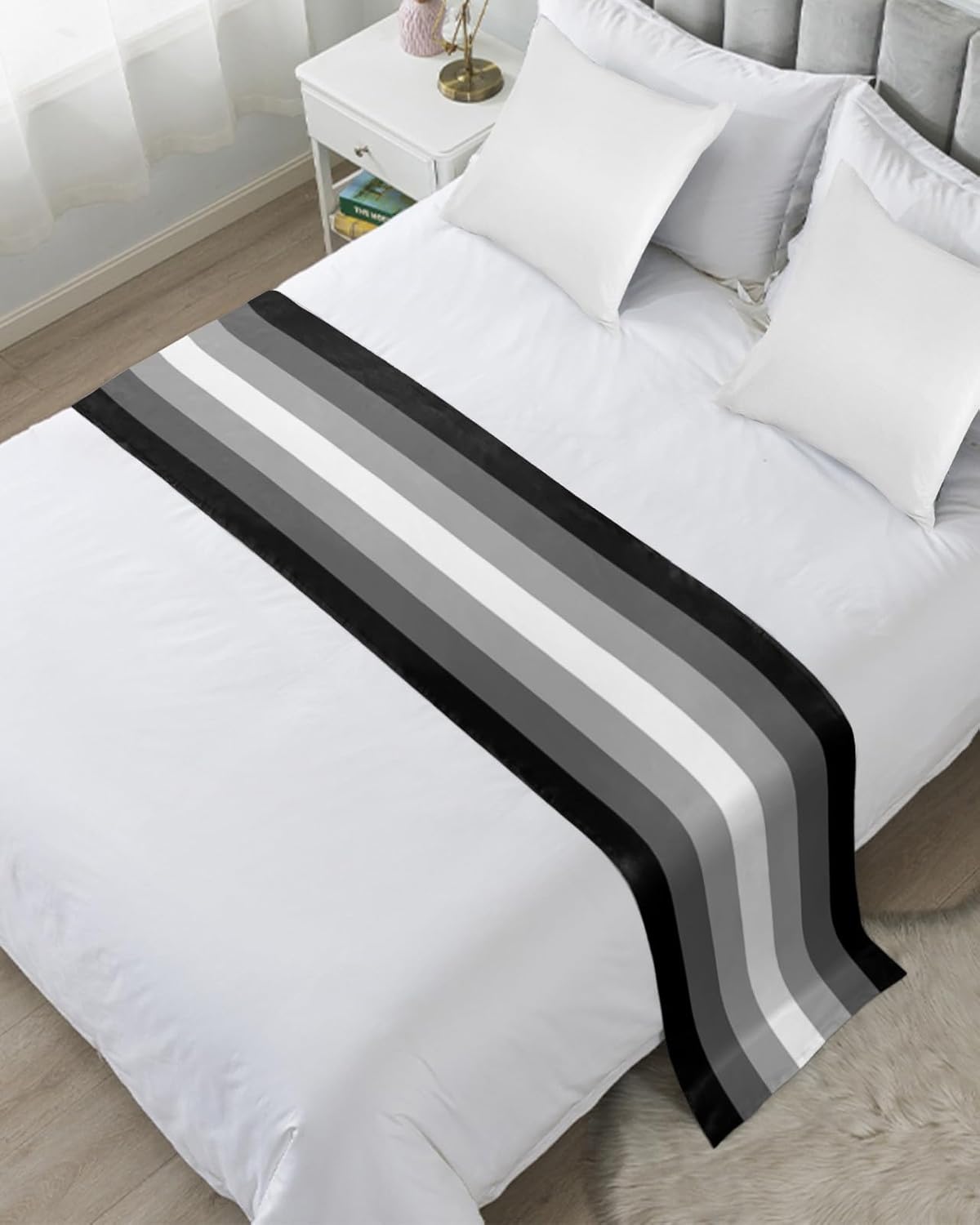 Black White Stripe Bed Runner Scarf Bedding Accessory for Queen Size Bed,Soft Bed Scarves and Runners Stainproof Dustproof Bedroom Protector for Hotel,Vintage Modern Minimalist Grey 94"x20"