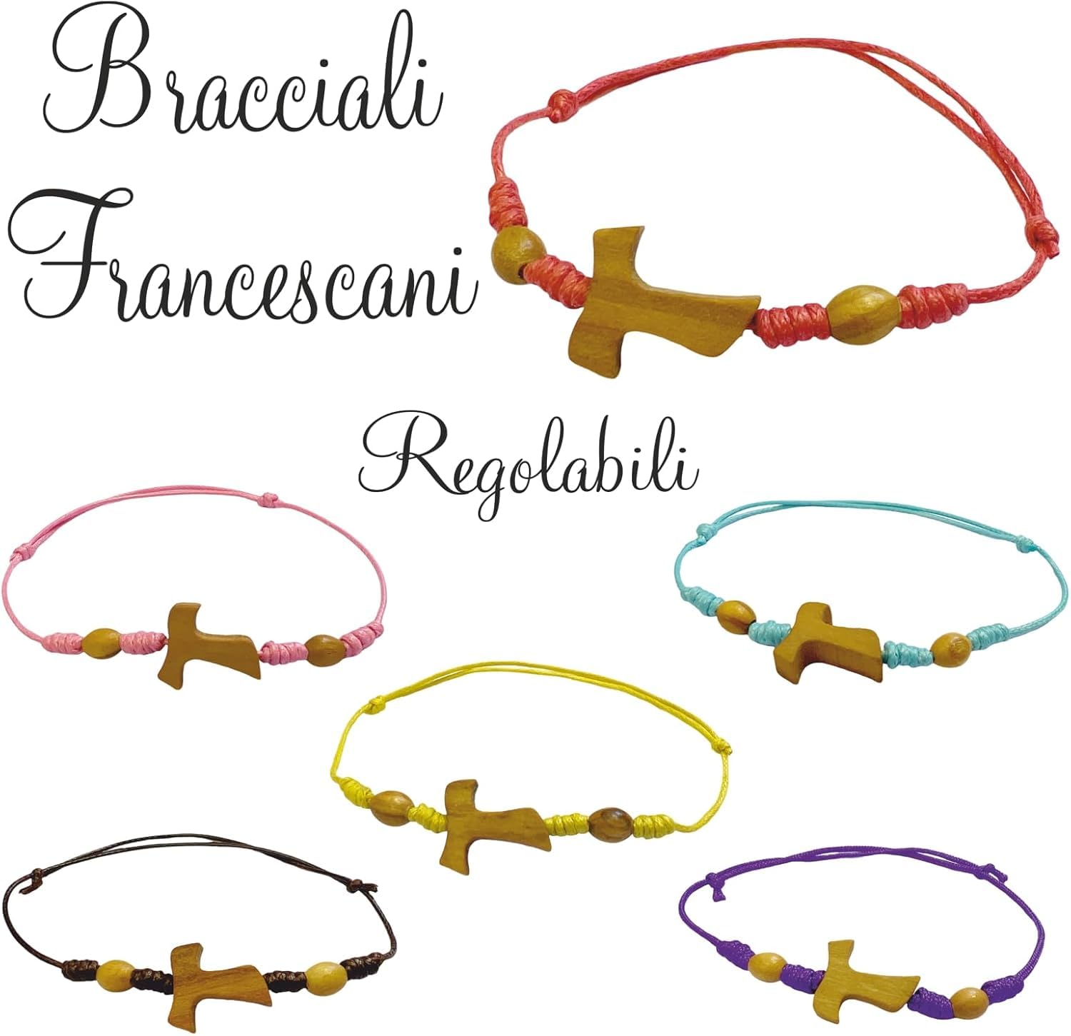30 BRACCIALI Regolabili con Tau in ULIVO E Palline 6 Colori Assortiti Fabbricate nella Patria di San Francesco
