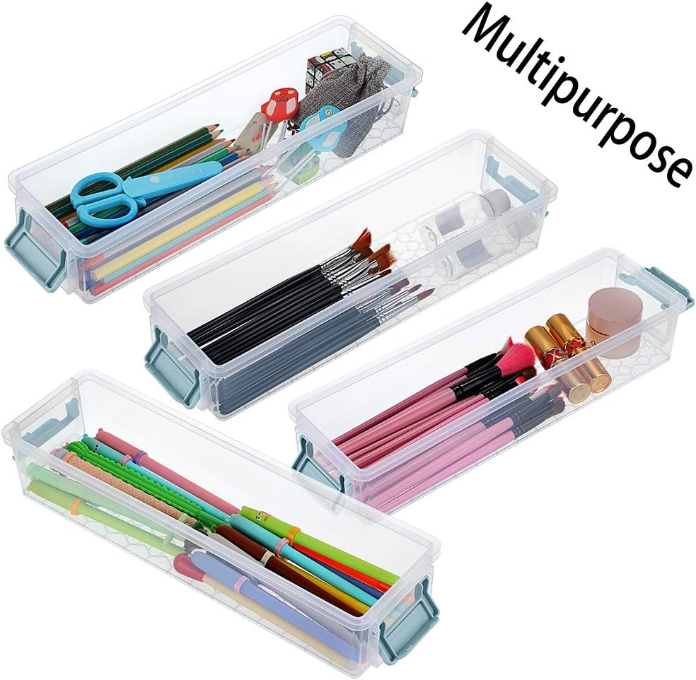 BTSKY Long Plastic Stackable Box Home, Office Supplies Storage Organizer Box Pencil Boxes Plastic Organizer Holder for Gel Pens Erasers Tape Pens Pencils Markers etc- 3 Pack - Clear with Blue Clip