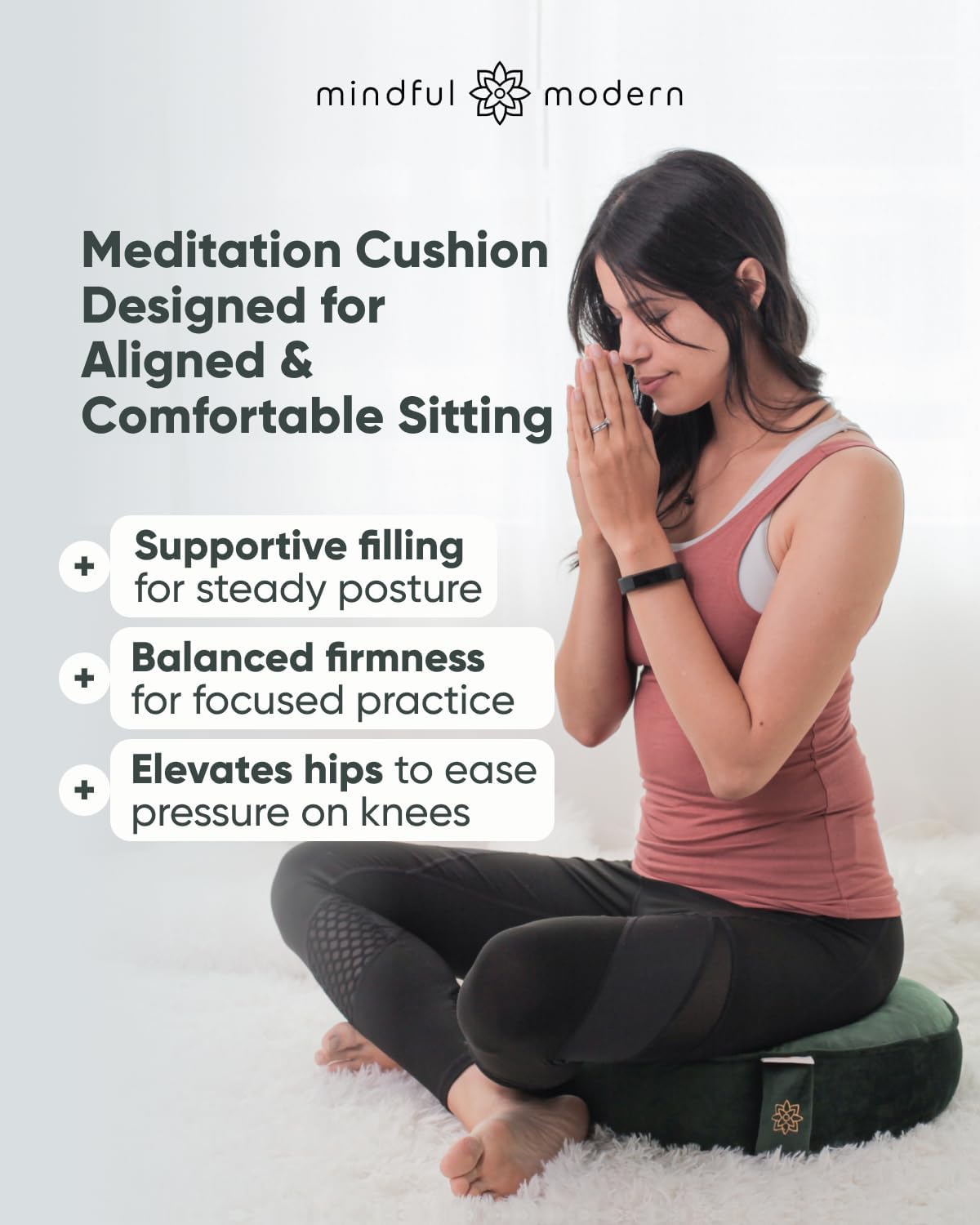Mindful Modern Velvet Meditation Cushion | Luxe Zafu Yoga Floor Pillow Seat | Posture Support | Buckwheat Hull Filled | Large Round Cushion with Removable Washable Cover + Carry Handle