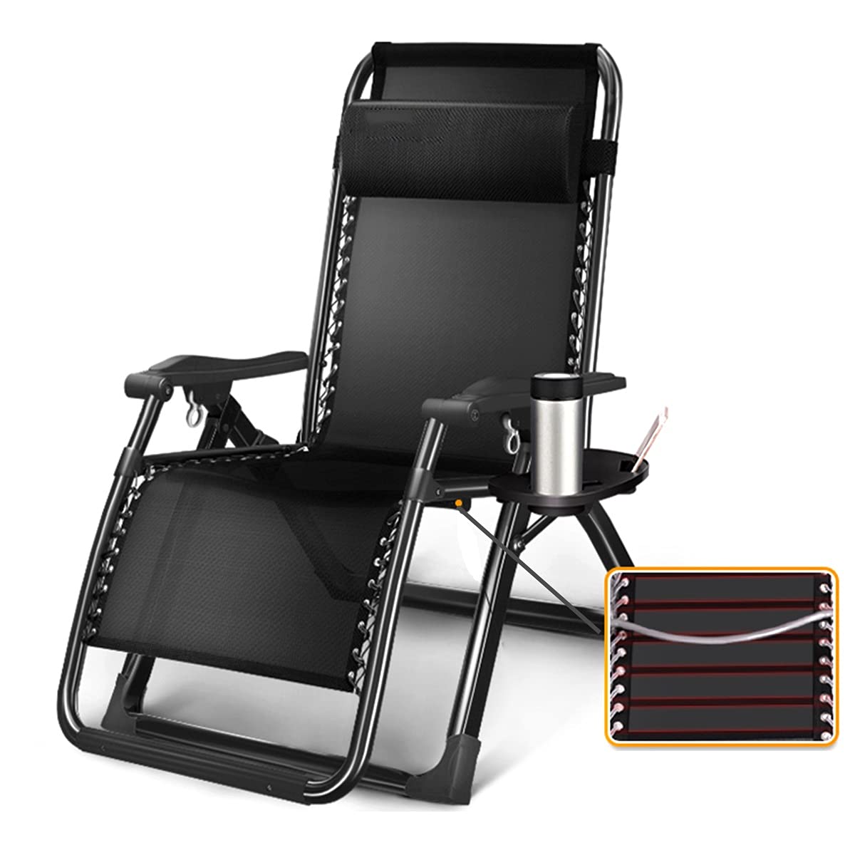 SdneNest - Juego de tumbonas plegables/sillas de jardín con soporte para vasos/cubierta plegable reclinable de gravedad cero para exteriores, silla de salón de malla con gravedad cero, color negro -