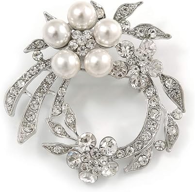 White Synthetic Pearl/Clear Crystal Wreath Brooch In Rhodium Plating - 5cm Diameter