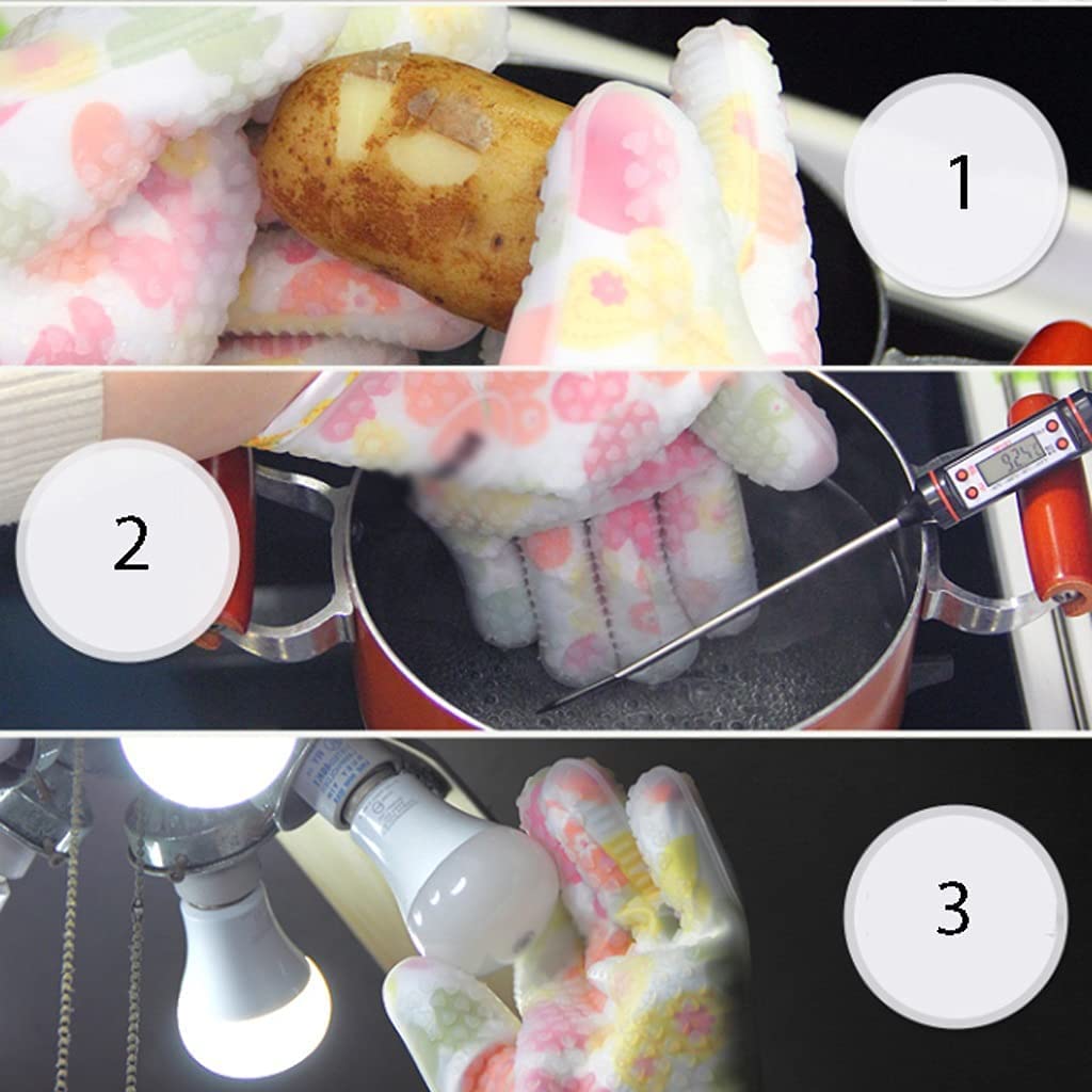 Rękawice Kuchenne do Gotowania Pięciopalcowe Silikonowe Żaroodporne, Odporne Na Oparzenia Dwuwarstwowe Rękawice Izolowane Do Domowych Kuchenek Mikrofalowych, 2 Szt. Rękawice Kuchenne Antypoślizgowe(E)