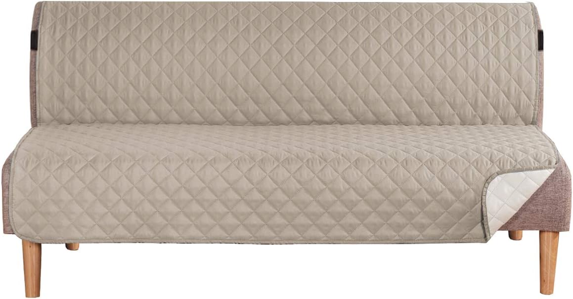H.VERSAILTEX Reversible Futon Cover Water Repellent Armless Sofa Slipcover Washable Furniture Protector with Adjustable Elastic Strap Anti-Slip Futon Bed Cover for Dogs 70" Width Seat(Khaki/Beige)