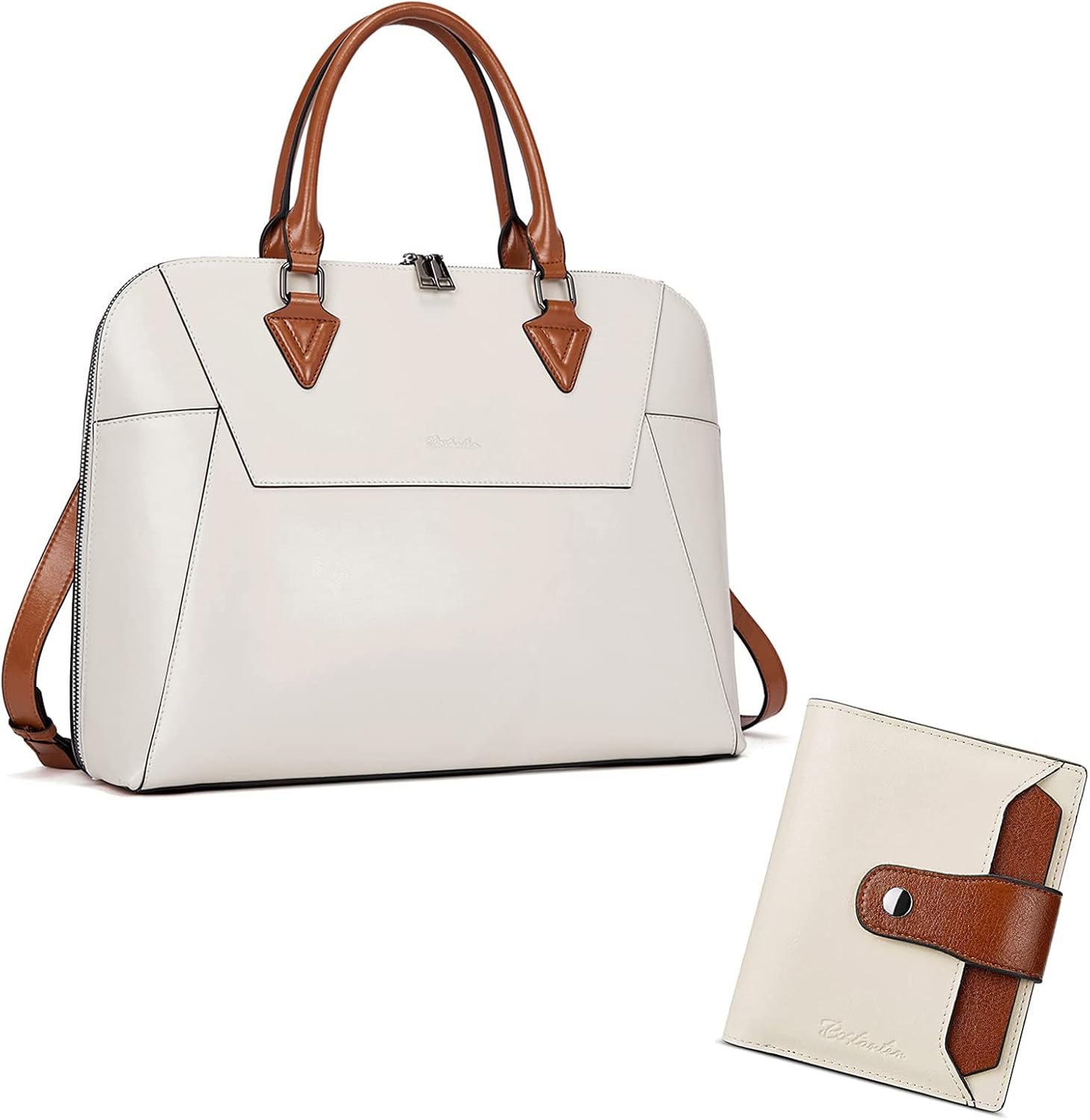 BOSTANTEN Briefcase for Women Leather 15.6 inch Laptop Shoulder Bag Office Work Crossbody Handbag and Women Leather Wallet RFID Blocking Small Bifold Zipper Pocket Wallet Card Case Purse