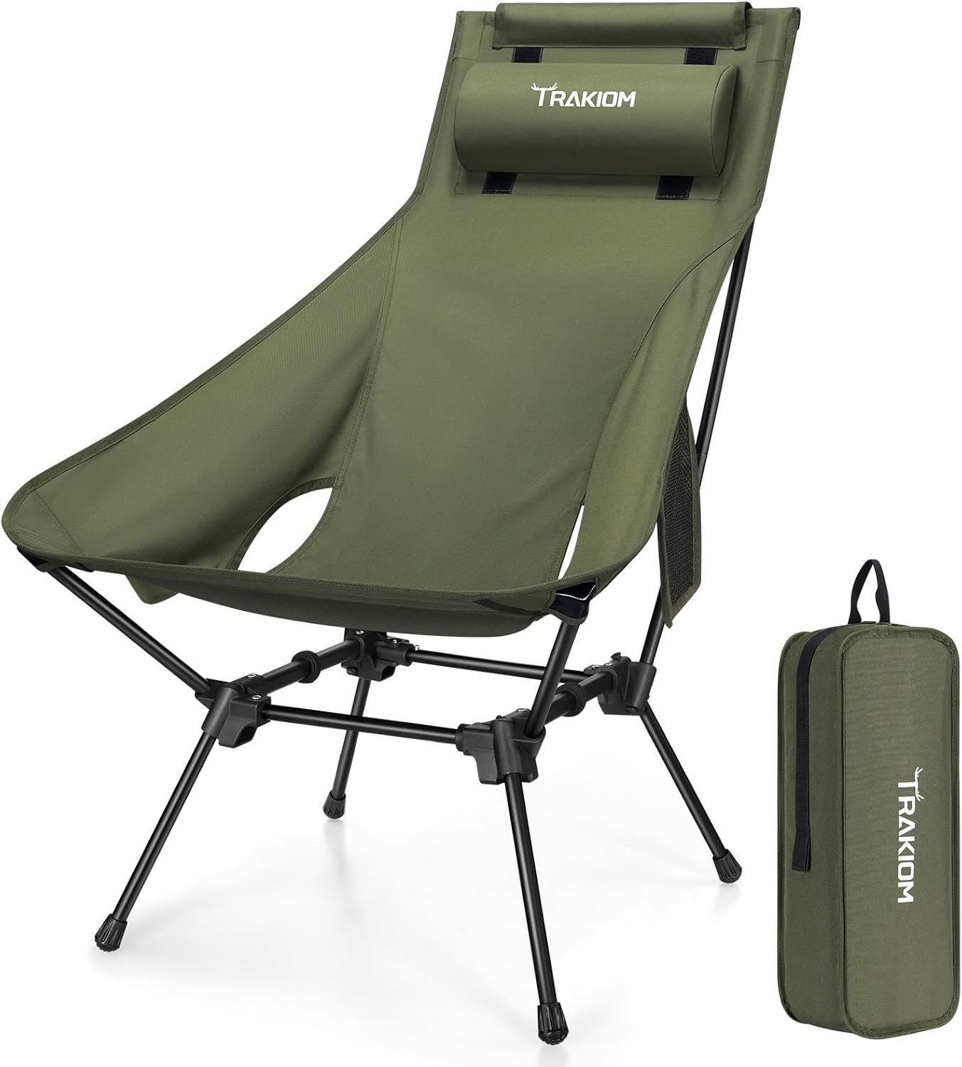 High Back Portable Compact Camping Chair, Lightweight Green Folding Chair with Head Support & Widened Seat, Adjustable Head Support for Beach, Camping, Festival, Hiking and Outdoor Travel