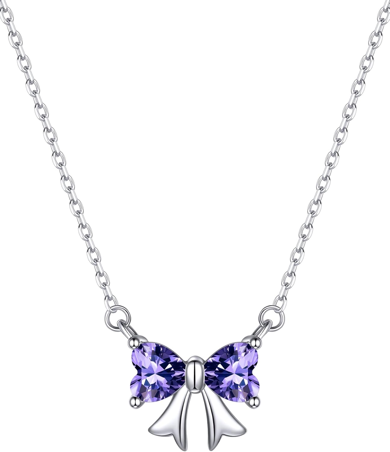ChicSilver Bow Birthstone Necklace, 925 Sterling Silver Pendant Necklaces for Women, Hypoallergenic Silver Choker with 16 inch Rolo Chain, 12 Months Jewelry for Valentines Mothers Day Christmas