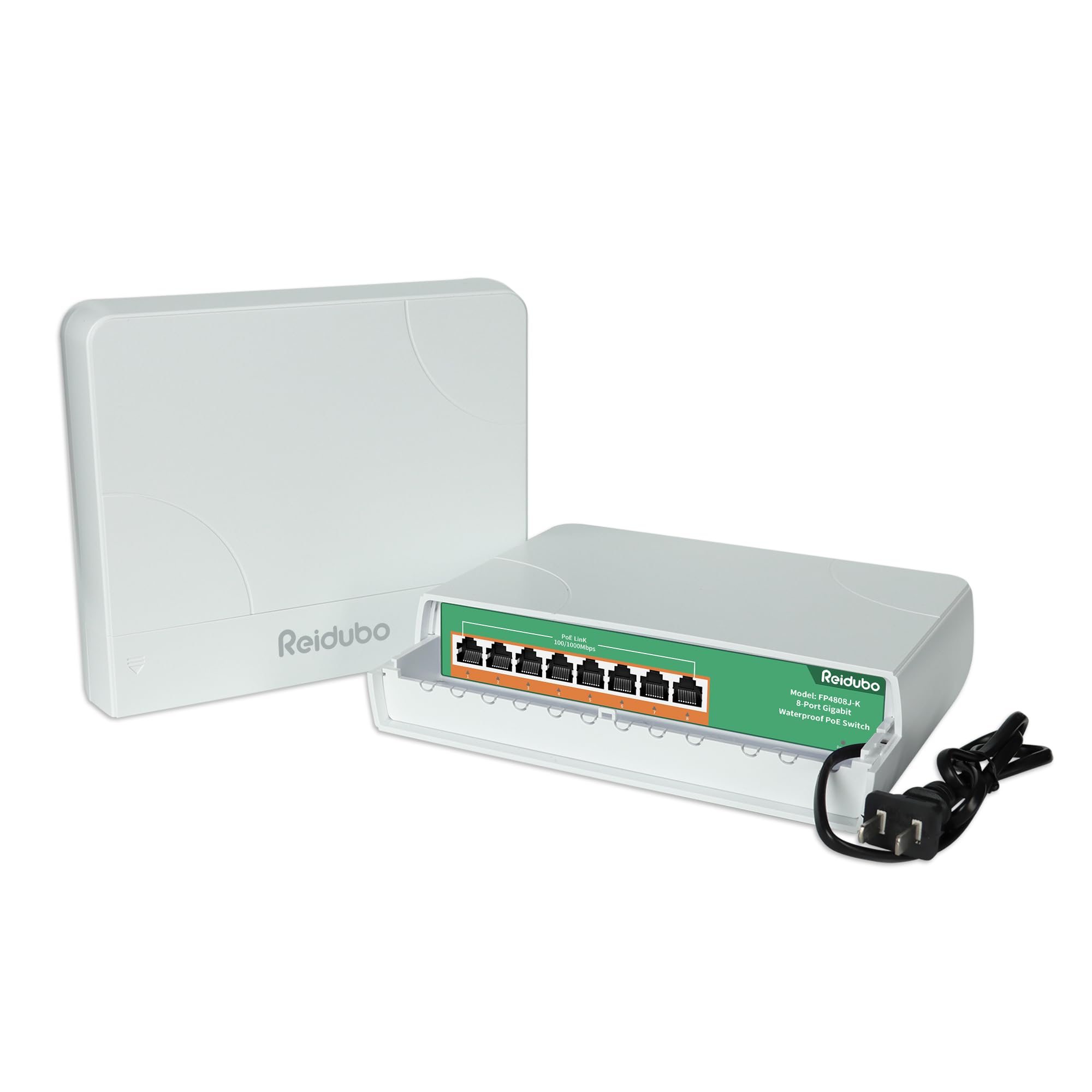 Reidubo 8 Port Gigabit PoE Switch Waterproof, 1000 Mbps 8 PoE+ Ports 120W, IEEE802.3af/at Power Over Ethernet Unmanaged Outdoor Network Switch, Plug & Play