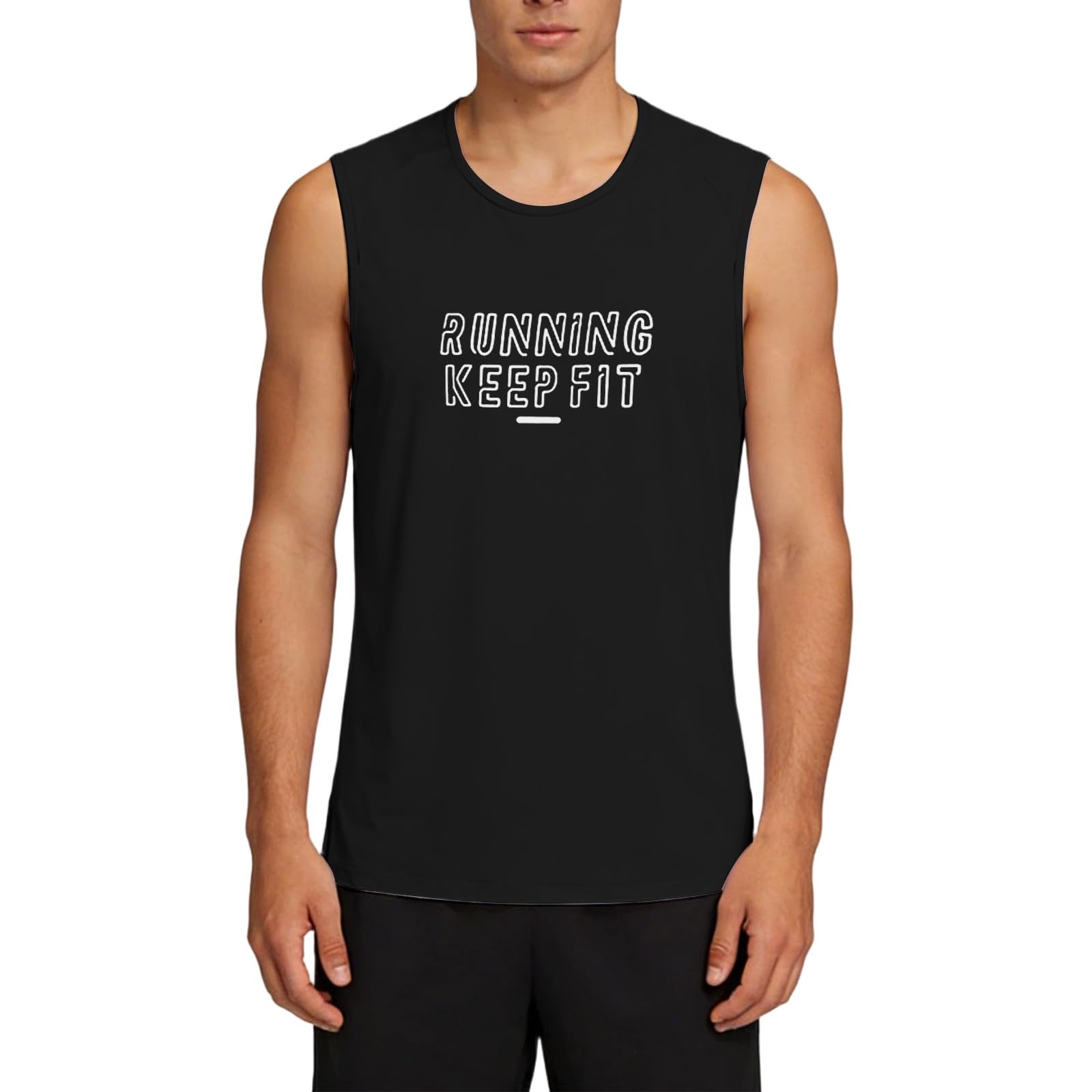 Men's Tank Top with Print - Sleeveless Top with Crew Neck and "Running Keep Fit" Lettering | Sporty Basic Shirt for Training and Leisure