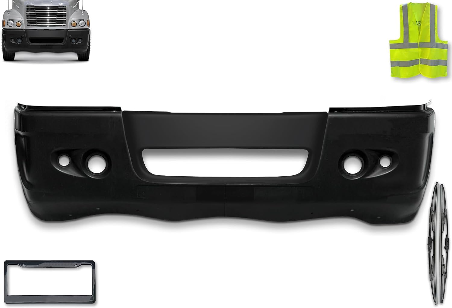 KOZAK Front Bumper - Front Center Black and End Corners Plastic with Two Fog Light Holes Set Compatible with Freightliner Century 2005-2011 Includes Logo, 2x 22" Wipers, License Plate Holder, and Vest