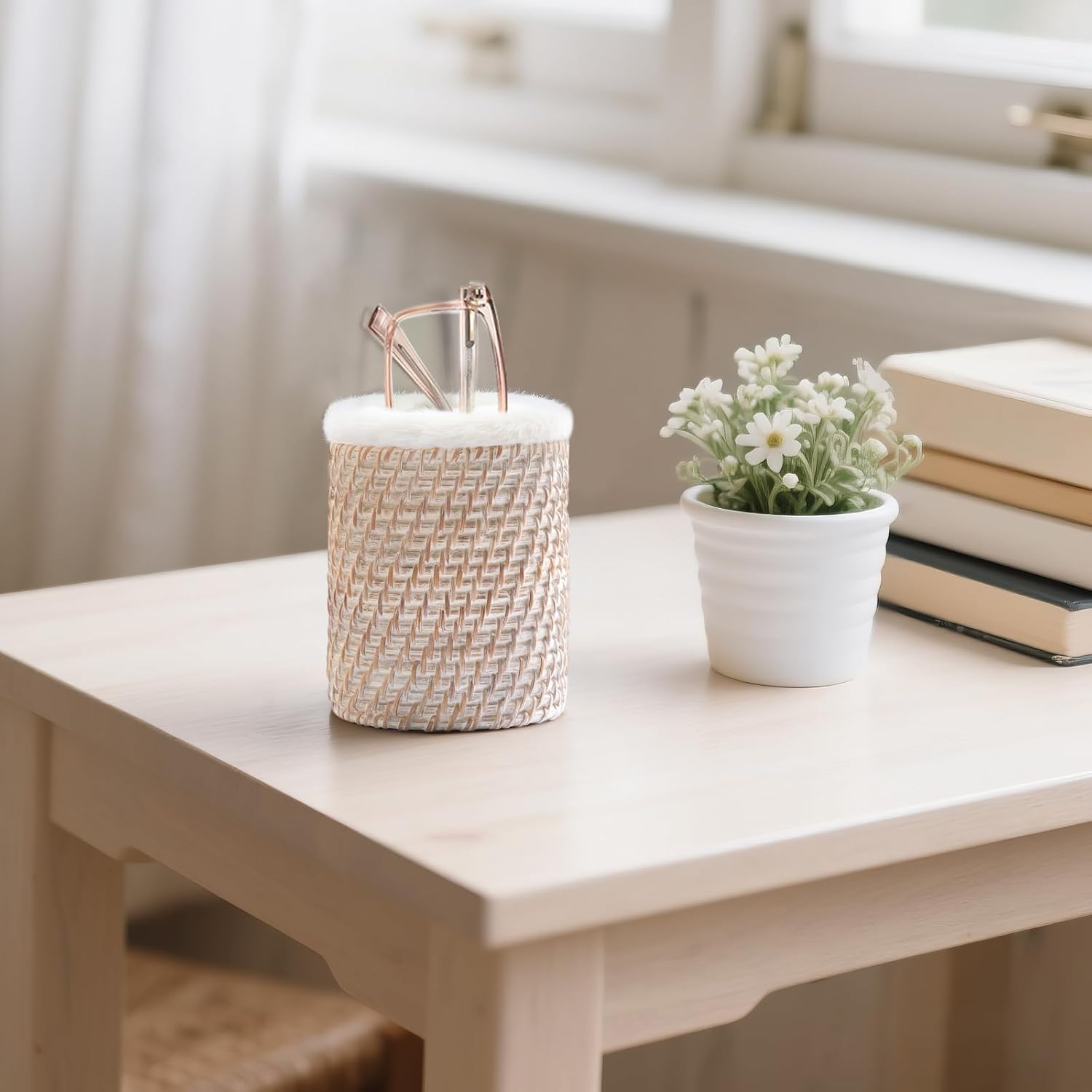 Mkono Glasses Holder for Nightstand Rattan Protective Glasses Stand for Glass Eyeglass Organizer Holder for Desk, Table