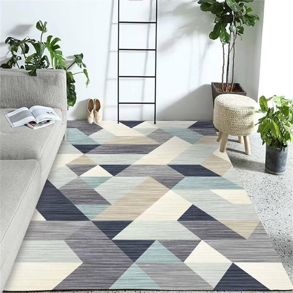 Tapis salon fille moderne géométrique bleu gris 80x100 cm lavable