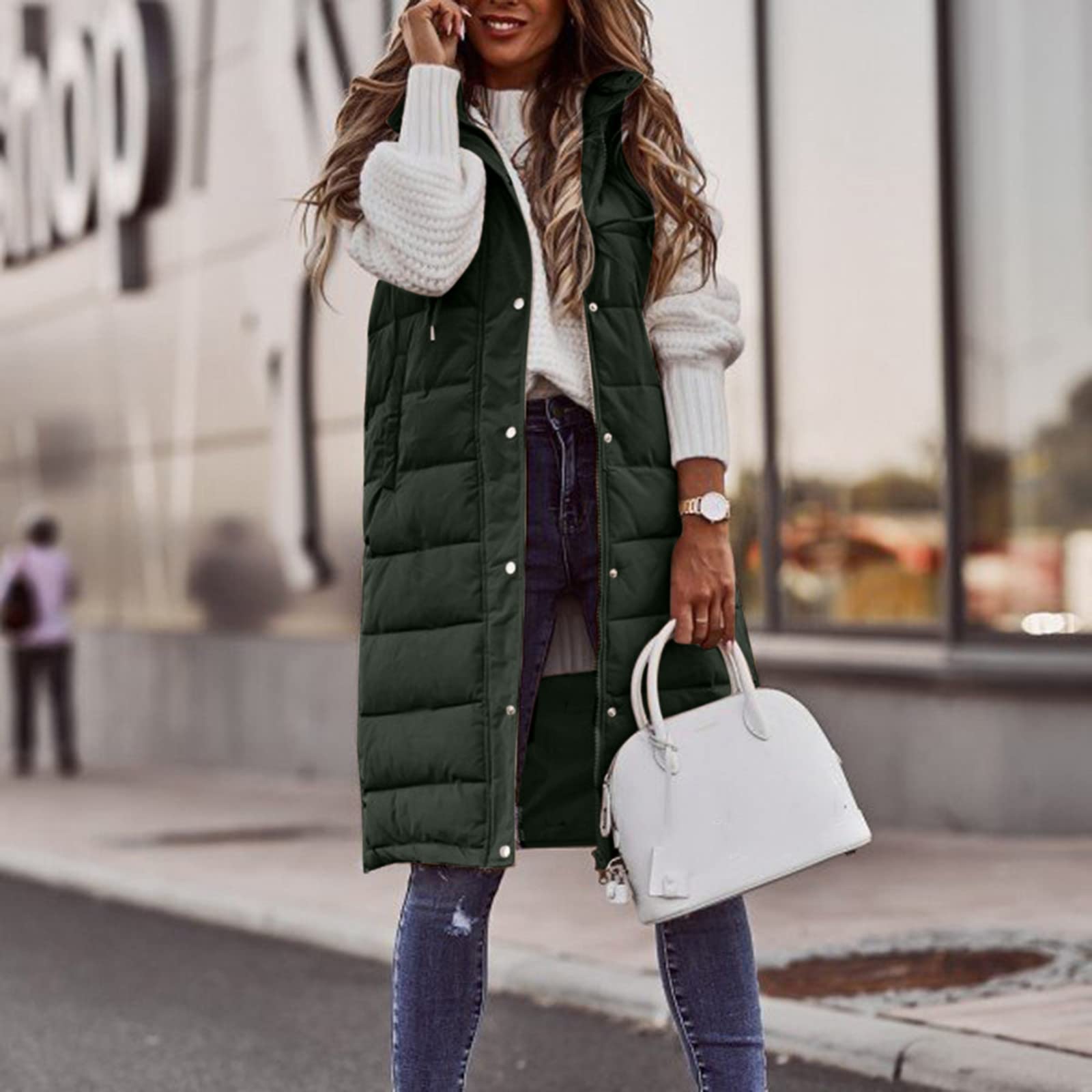 Chaleco largo para mujer con capucha – Abrigo largo de invierno cálido con capucha sin mangas chaleco acolchado para mujer ligero chaleco acolchado para exteriores con bolsillos chaleco