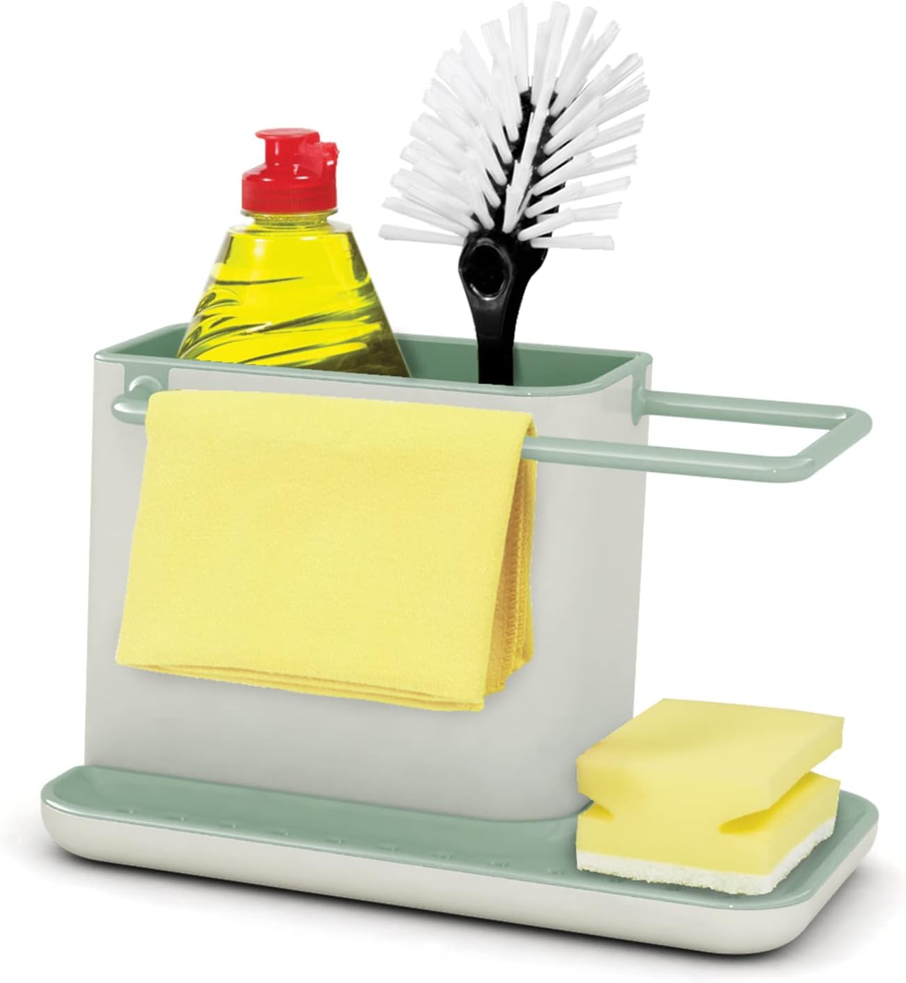 Caddy Kitchen Sink Area Organiser with Sponge Holder and Cloth Hanger - Stone/Sage