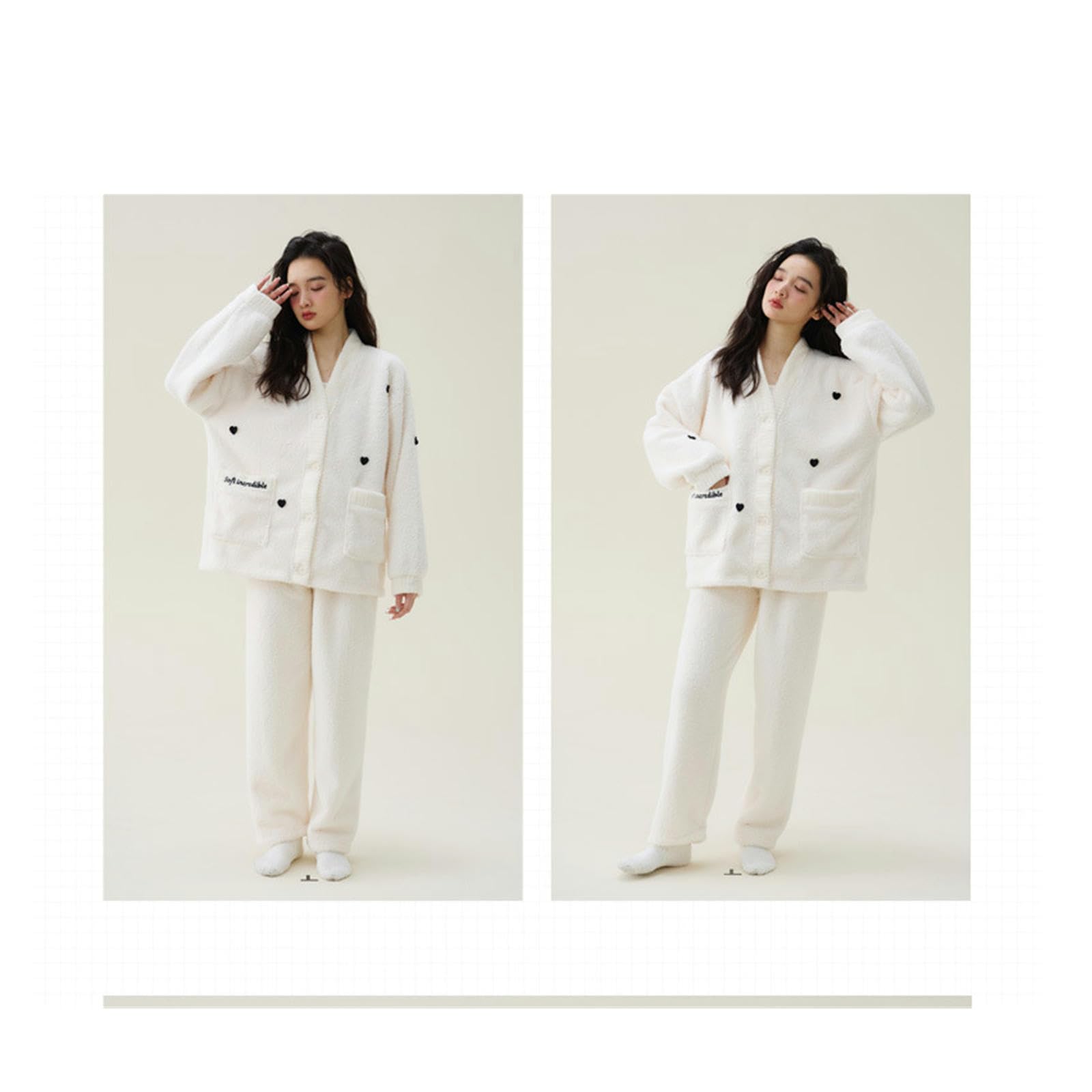 Pigiama Donna Invernale Velluto Invernale in Velluto Caldo Velluto Femmina Net Cardigan Pigiame Spesse Abiti da Velluto Abiti da Casa-White Love V -Neck Robe + Pants-l