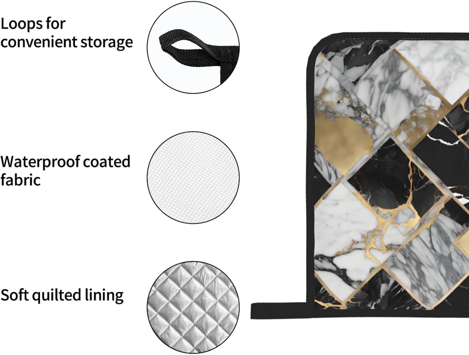 (Black Marble Texture Gold) Baking 4-Piece Set: 2 Oven Mitts and 2 Pot Holders Heat Resistant Waterproof Hanging Loop for Kitchen Oven Grill Housewarming Gifts