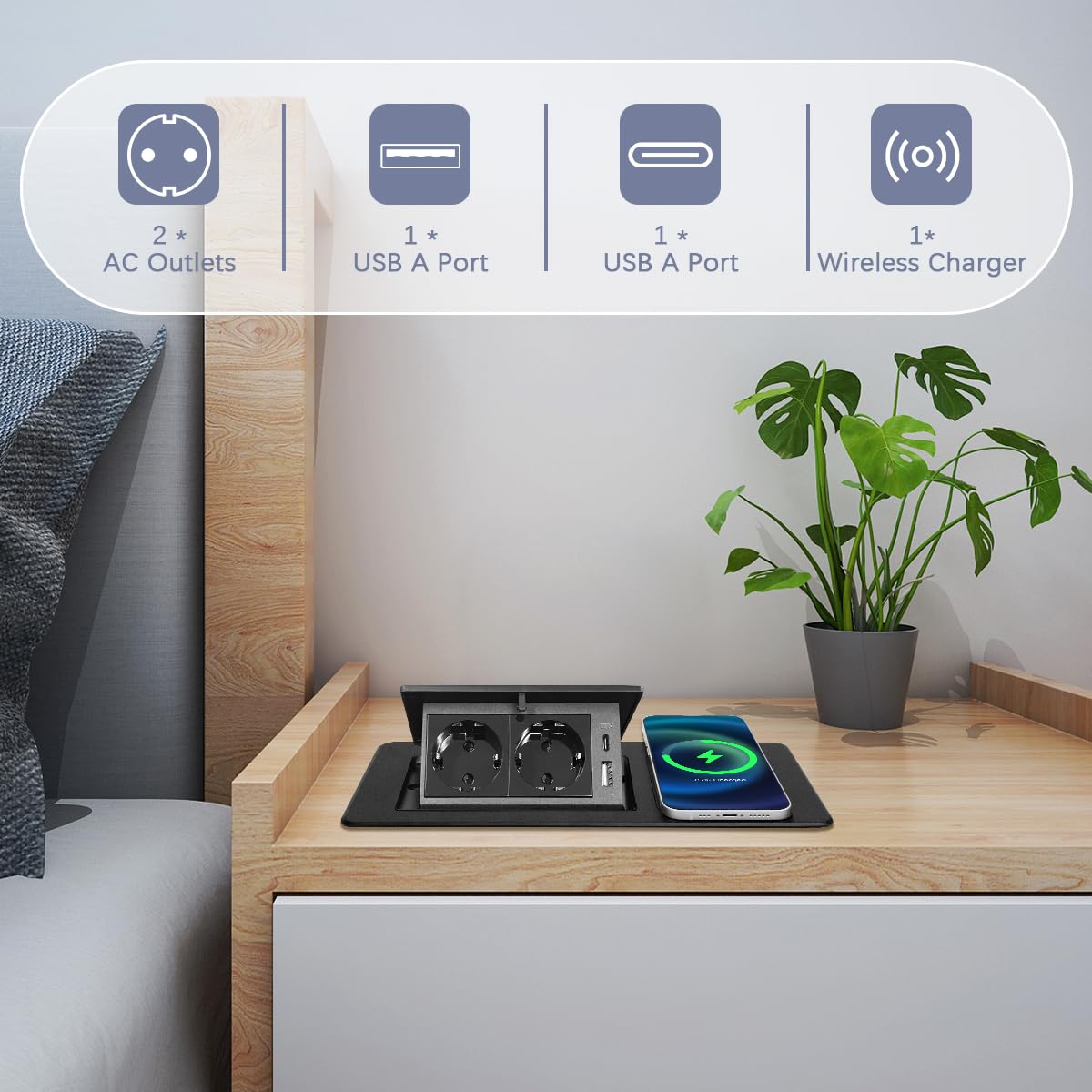 Presa Retrattile, Multipresa da Scrivania | Ciabatta multipresa nascosta, 1 USB A+ 1 USB C, con ricarica rapida wireless da 15 W, ideale per casa e/o ufficio