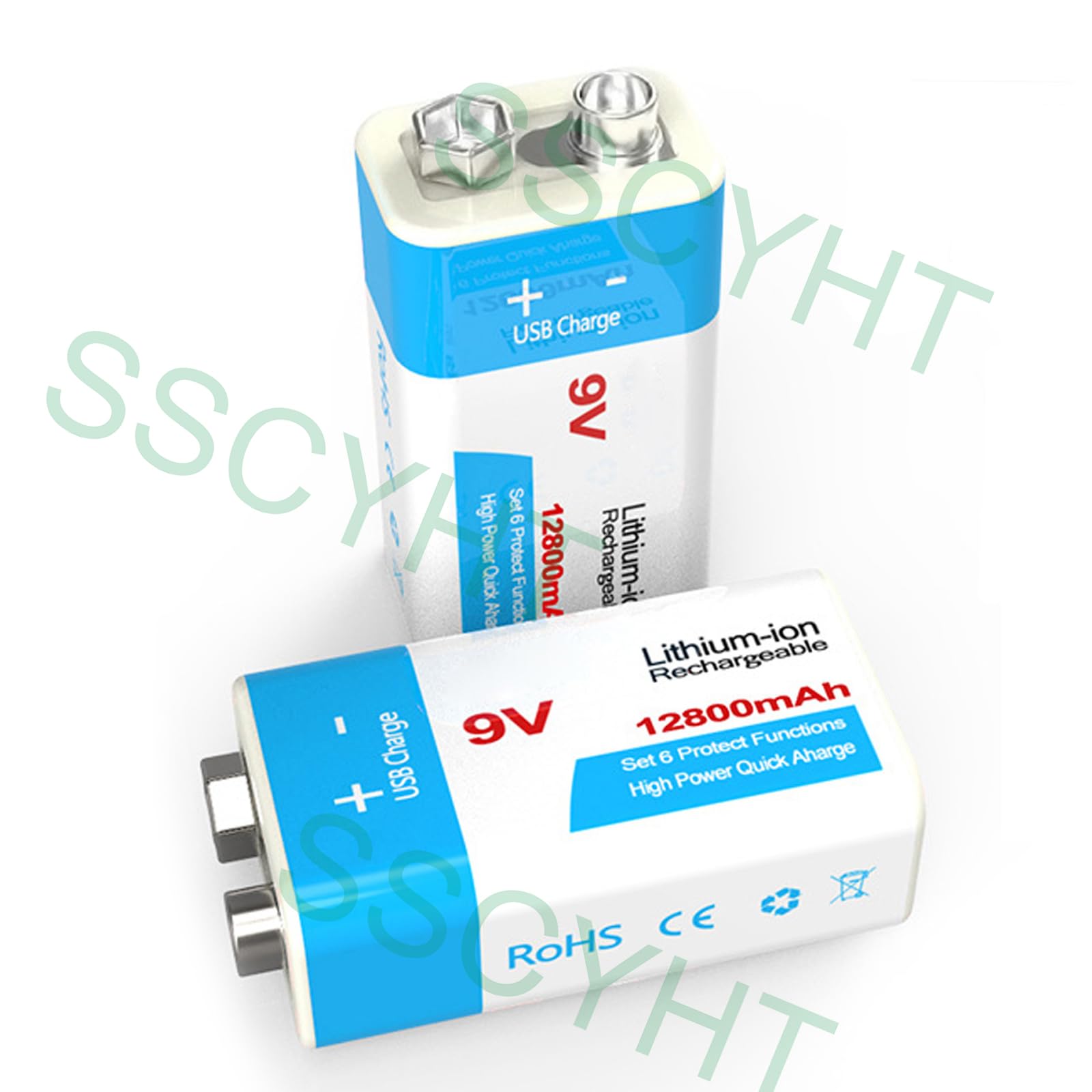 Batteria Ricaricabile 9V Batteria agli ioni Litio 9 Volt 12800mAh per allarmi/microfoni/rilevatori Fumo/Giocattoli/torce elettriche Altri dispositivi Batteria Backup
