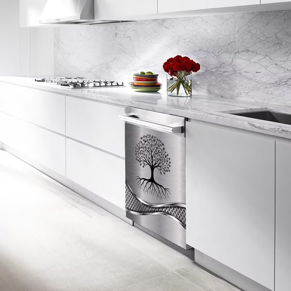 Stainless Steel Design Tree Wallpaper Magnet Dishwasher Cover Sticker,Kitchen Decor Refrigerator Magnets Decorative Fridge Magnetic Decal Vinyl Panel 23Wx26H inch
