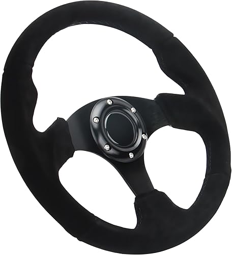 Miniatura 2 de Volante universal de carreras de coche de cuero de gamuza 12.598 in 12.5" Drift Sports volante plano con puntada negra y botón de bocina