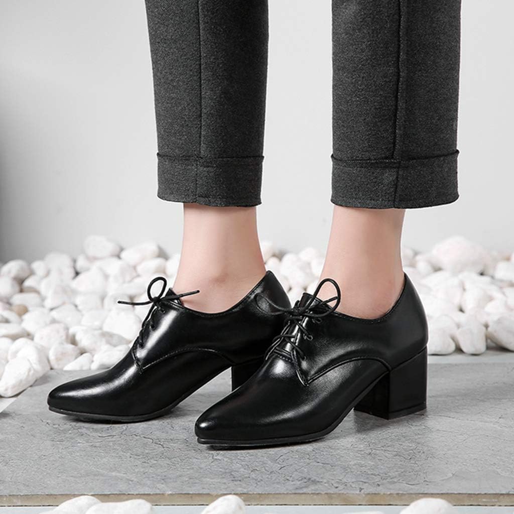 MIOKE Women's Vintage Lace Up Pump Oxfords Pointed Toe Chunky Block Mid Heel Brogues Office Dress Shoes