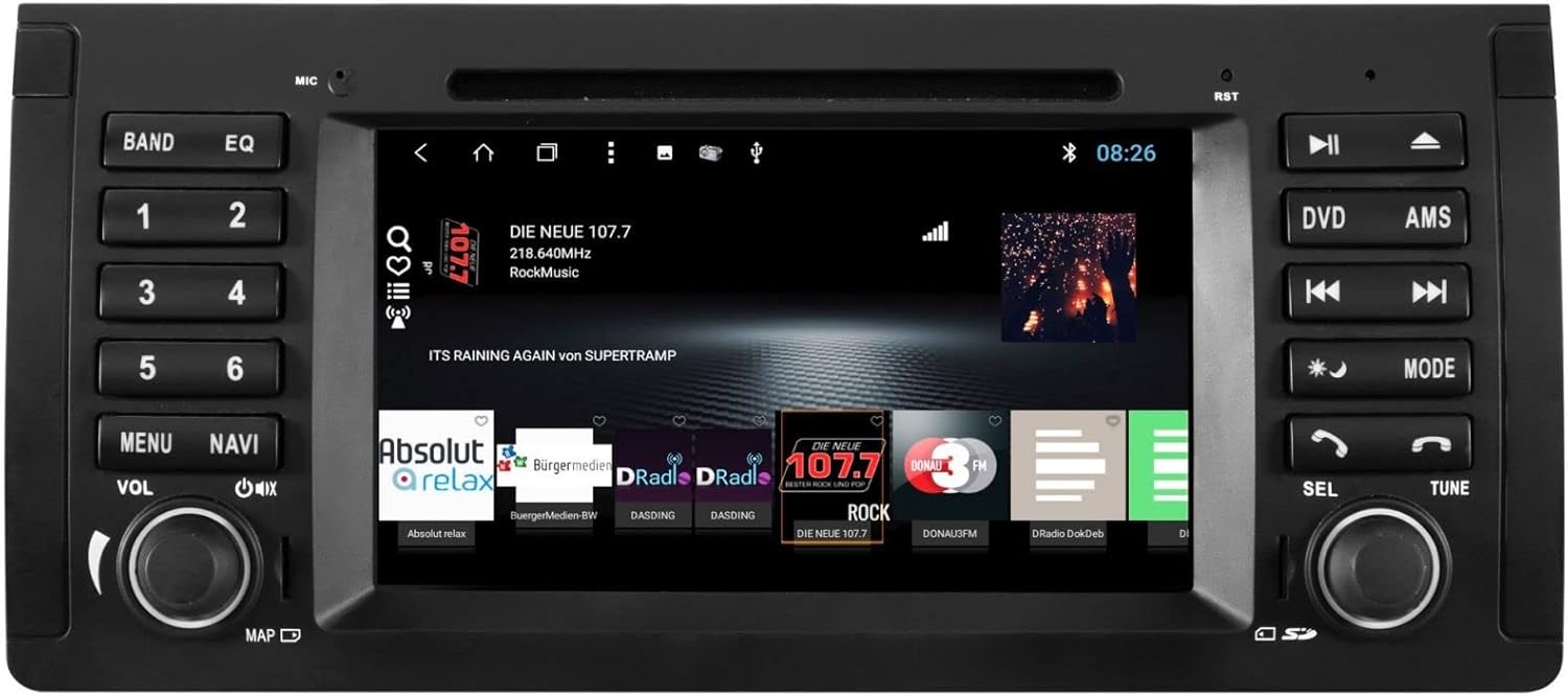 Priekšpuse view of the ESX VN715-E39-DAB unit displaying a media playback screen with album art and track information