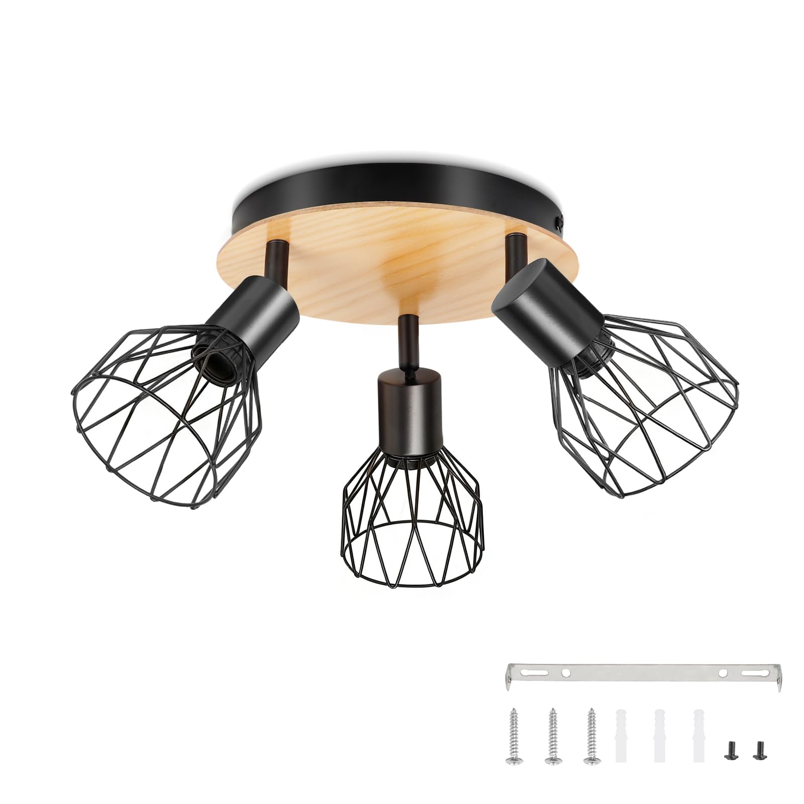 Plafonnier Spot Orientable Luminaire Plafonnier E14 Modèle Bois Spots de Plafond Led Cuisine 3 Spots Noir Plafonnier Industriel pour Cuisine Chambre Salon，Sans Ampoules