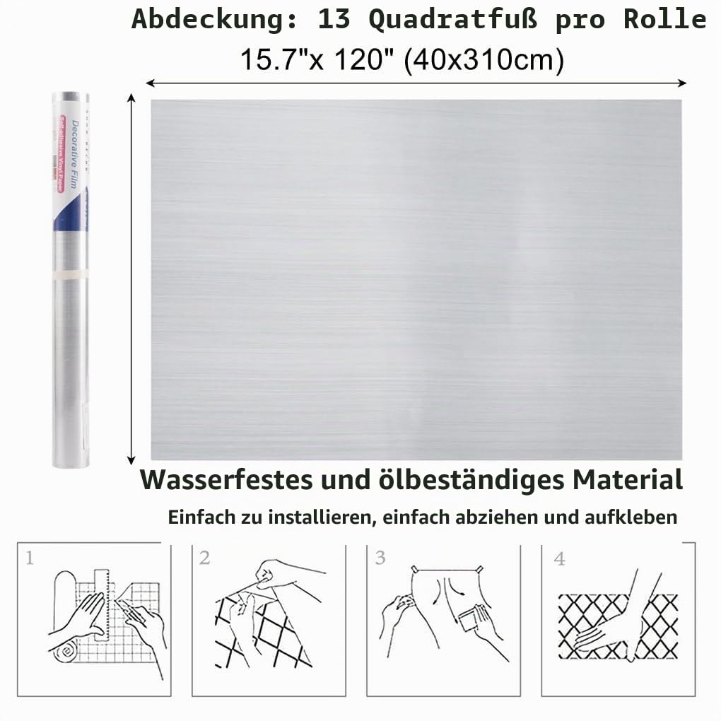 Arthome Gebürstetes Silber Klebefolie Möbel Tapete,40cmx3m Selbstklebende Tapete Wasserdichtes PVC Vinyl Möbelfolie, Klebefolie Papier für Möbelabdeckung, Arbeitsplatte, Küche, Regalauskleidung
