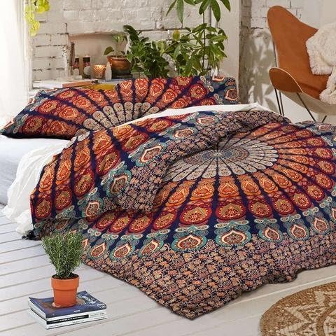 Exclusive Queen Size Bohemain Mandala DuvetCover with Pillowcases, Indian Donna Cover Set Boho Duvet Cover. Bohemian Bedspread with magazineholder LetterHolder WallHanging (Navy Blue)