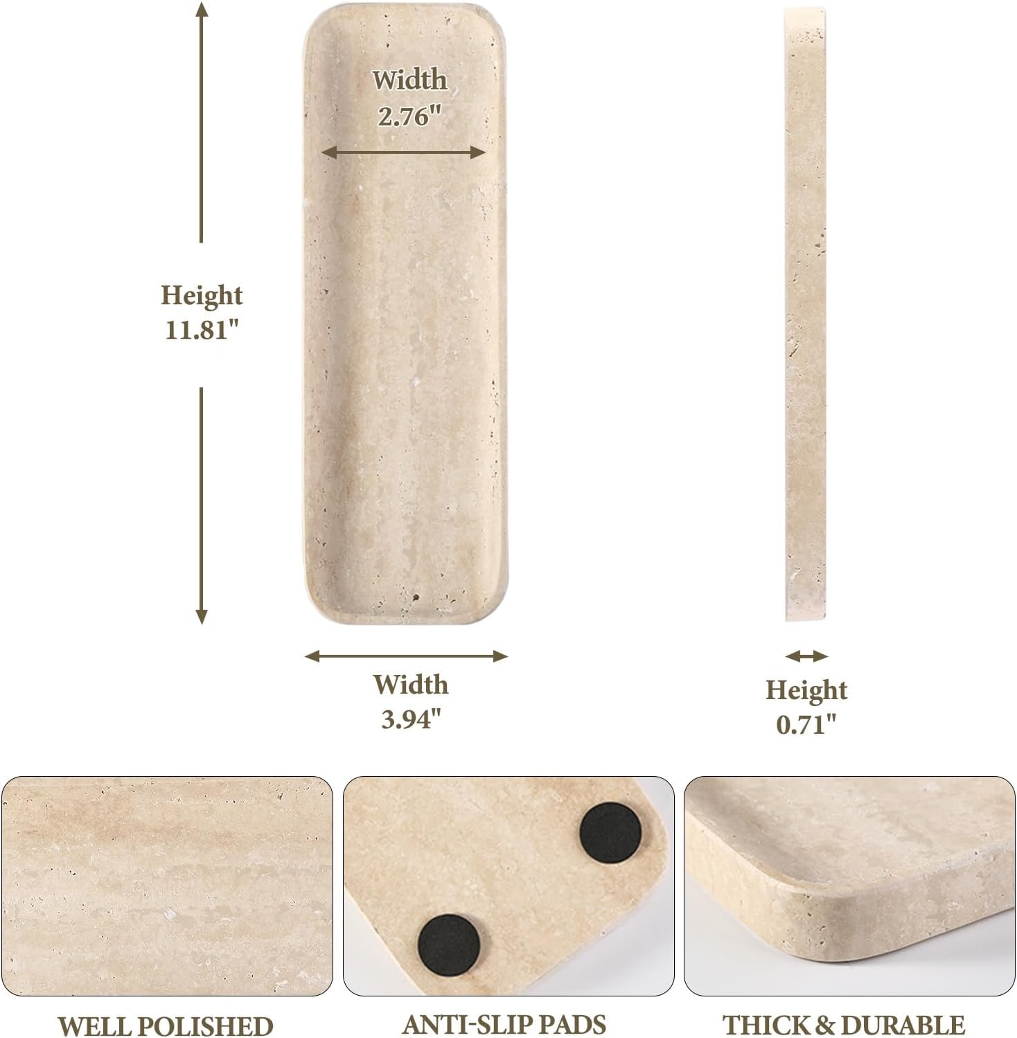 Koville Marble Tray, 12"x4" Marble Vanity Tray for Bathroom Kitchen Countertop Sink, Natural Stone Tray for Home Decor, Decorative Rectangular Narrow Catchall Tray for Jewelry Perfume