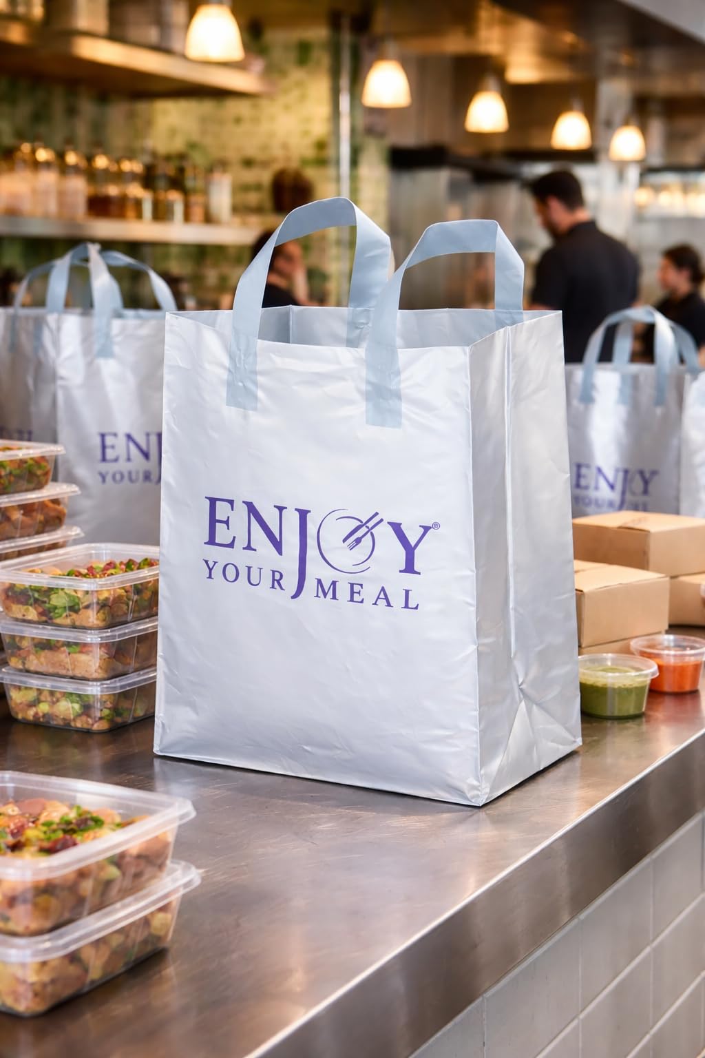 Heavy-Duty Takeaway Bags with Cardboard Bottom - Reusable Plastic Carrier Bags for Food Delivery, Restaurant Carryout & Catering - 15 500ml Container Capacity, Leak/Spill Resistant -LARGE 20pcs