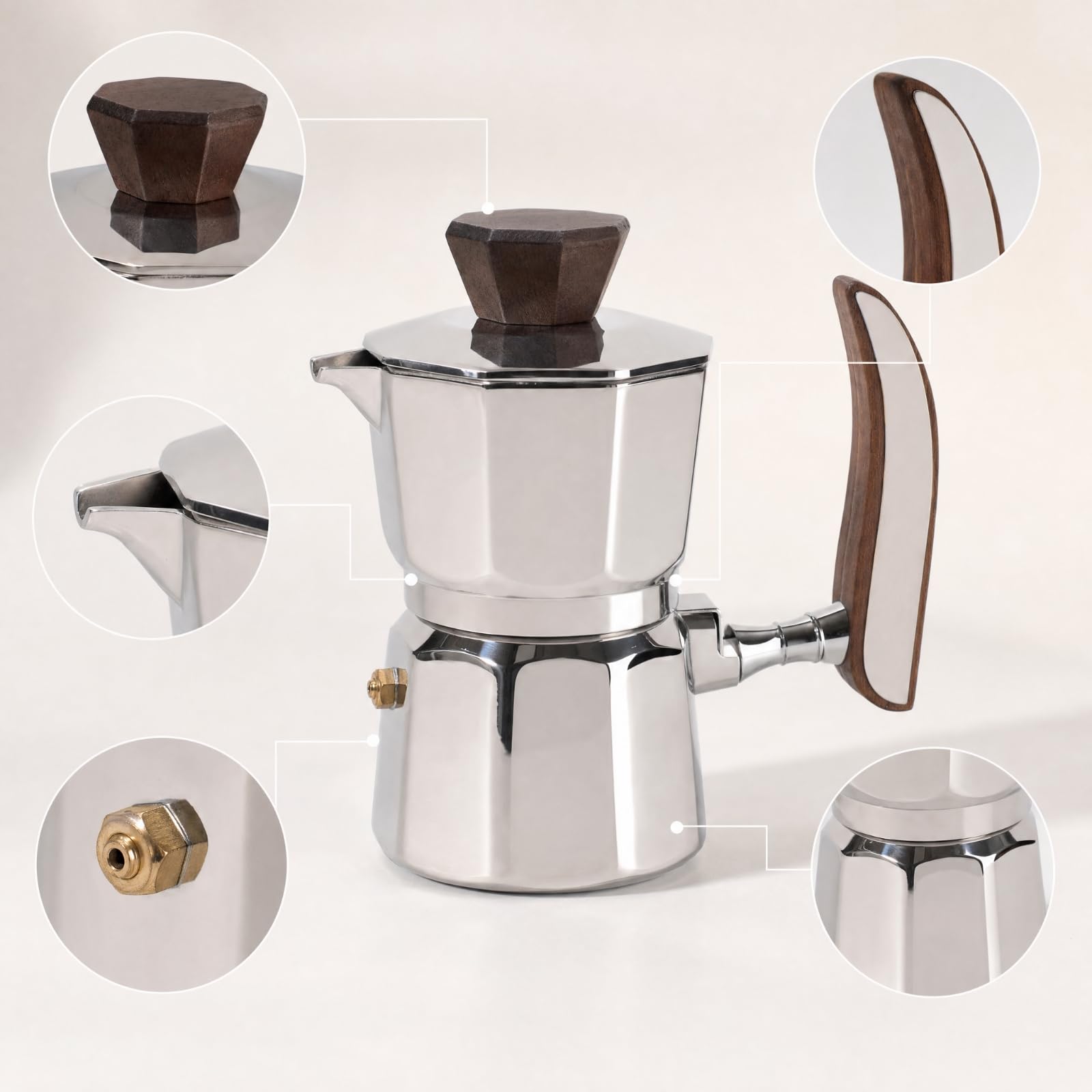 Cafetera Cafetera Italiana Acero Inoxidable Resistente Al Temperatura Italiana con Mango Madera Uniforme para Cocina, Oficina