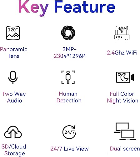 Miniatura 2 de ACEMO Cámara de seguridad inalámbrica para interiores, cámara IP ojo de pez gran angular de 180, cámara de vigilancia domo WLAN de crucero