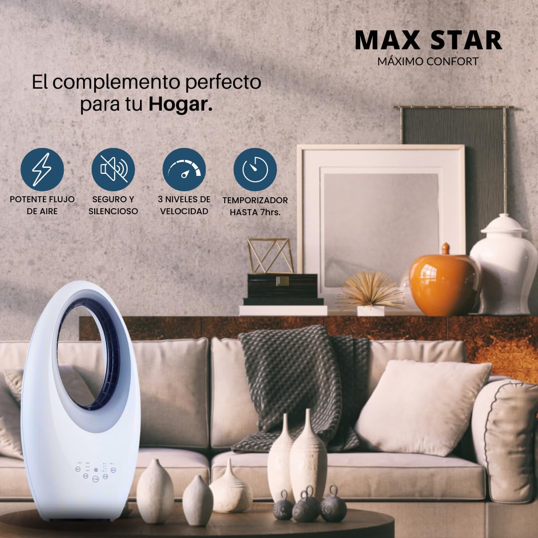 Max Star Ventilador sin Aspas con Mando a Distancia 3 Velocidades Purificador de Aire Oscilante Temporizador Luces LED Silencioso y Potente Hogar Oficina Dormitorio
