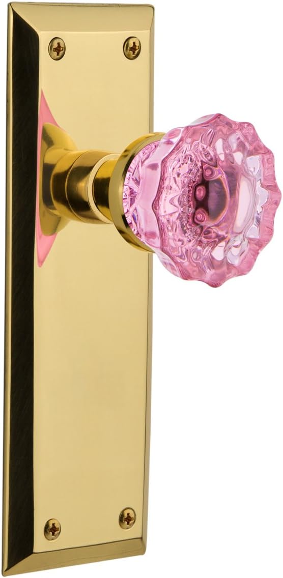 Nostalgic Warehouse 722464 New York Plate Single Dummy Crystal Pink Glass Door Knob in Unlaquered Brass