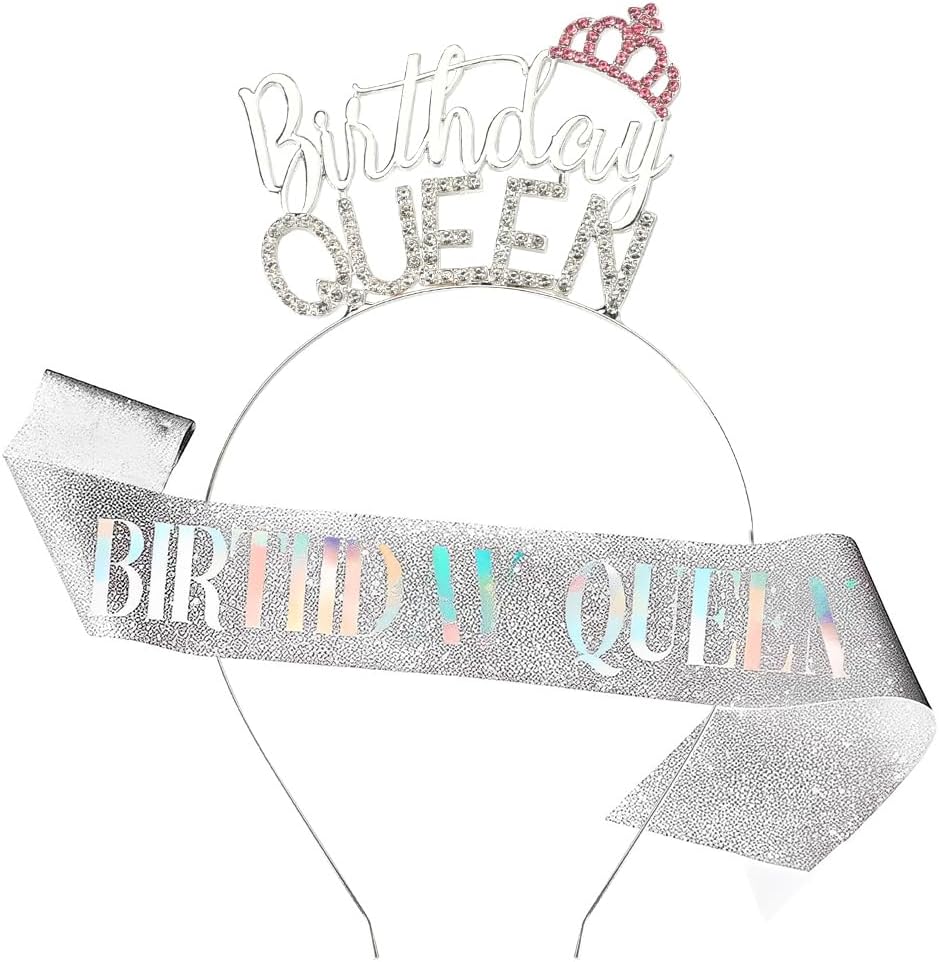 Ancnoz Happy Birthday Hat Sash for Women Birthday Queen Crown Headband Headpiece Birthday Celebration Hair Accessories