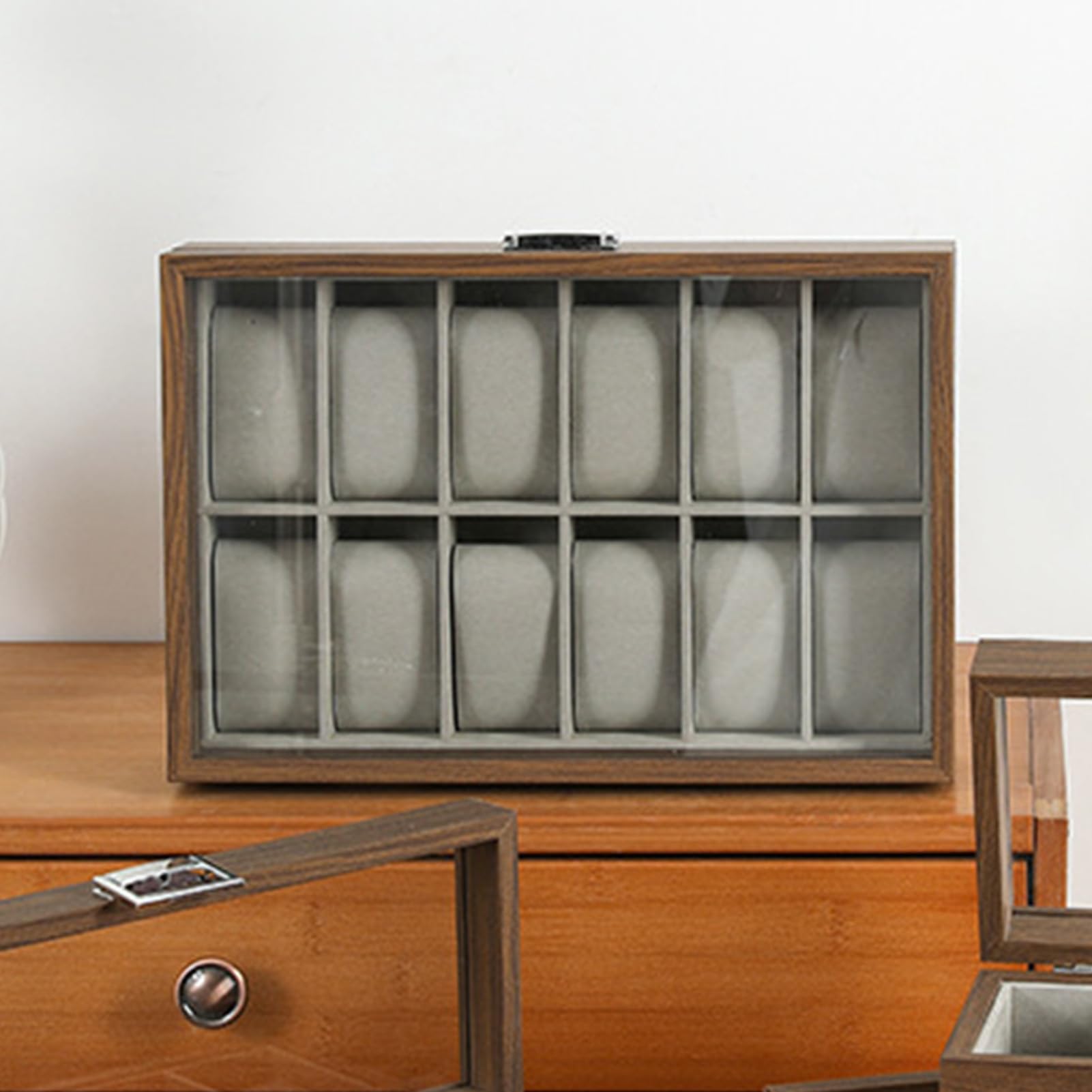Fabater Scatola per Orologi, Coperchio in Vetro a 12 Scomparti, Pannello in MDF Rivestito in Velluto, Adatta per Vetrine per Orologi Meccanici Al Quarzo, Organizer per con Cuscino Rimovibile per,